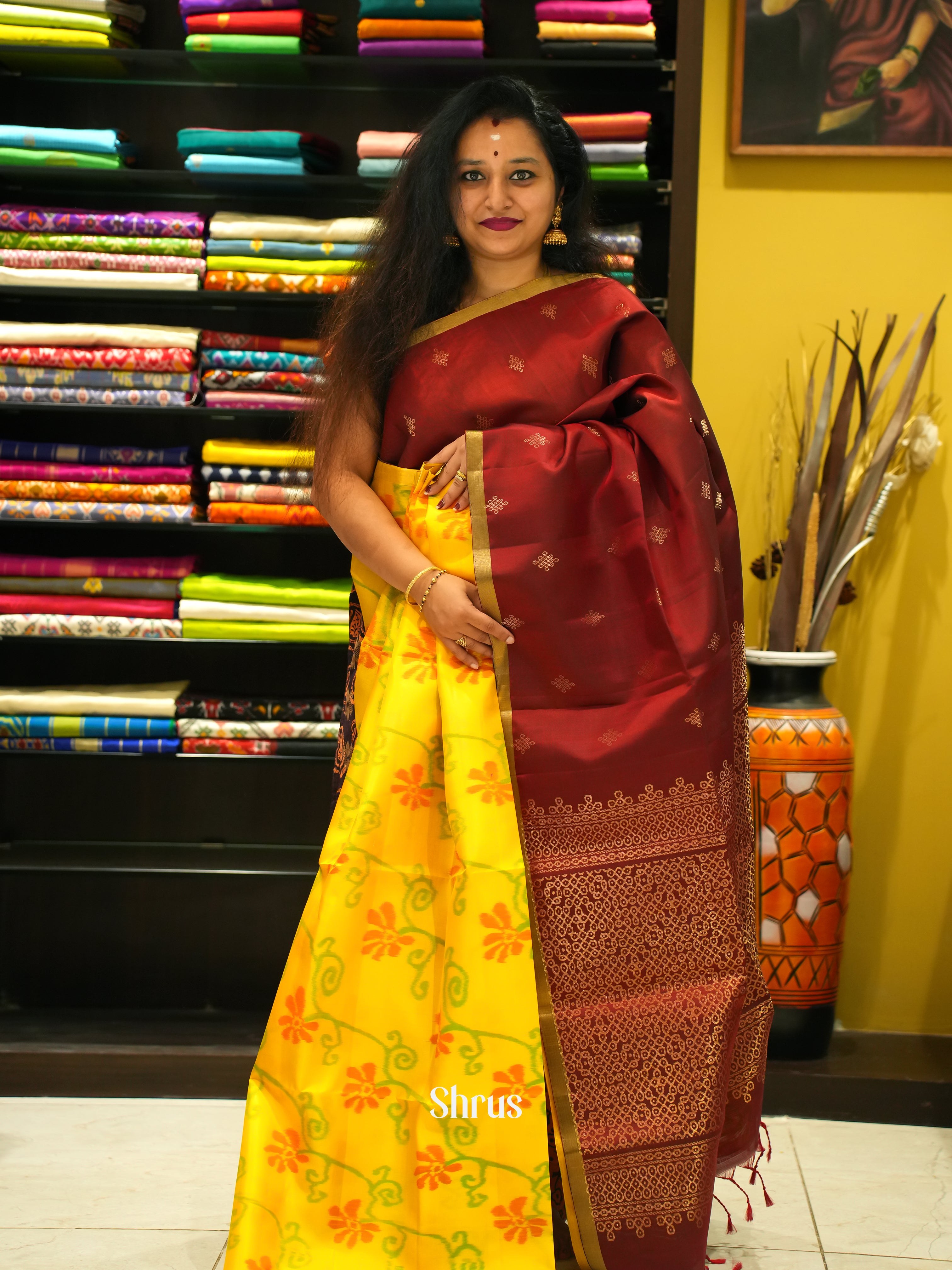 Maroon & Yellow - Soft Silk Saree - Shop on ShrusEternity.com