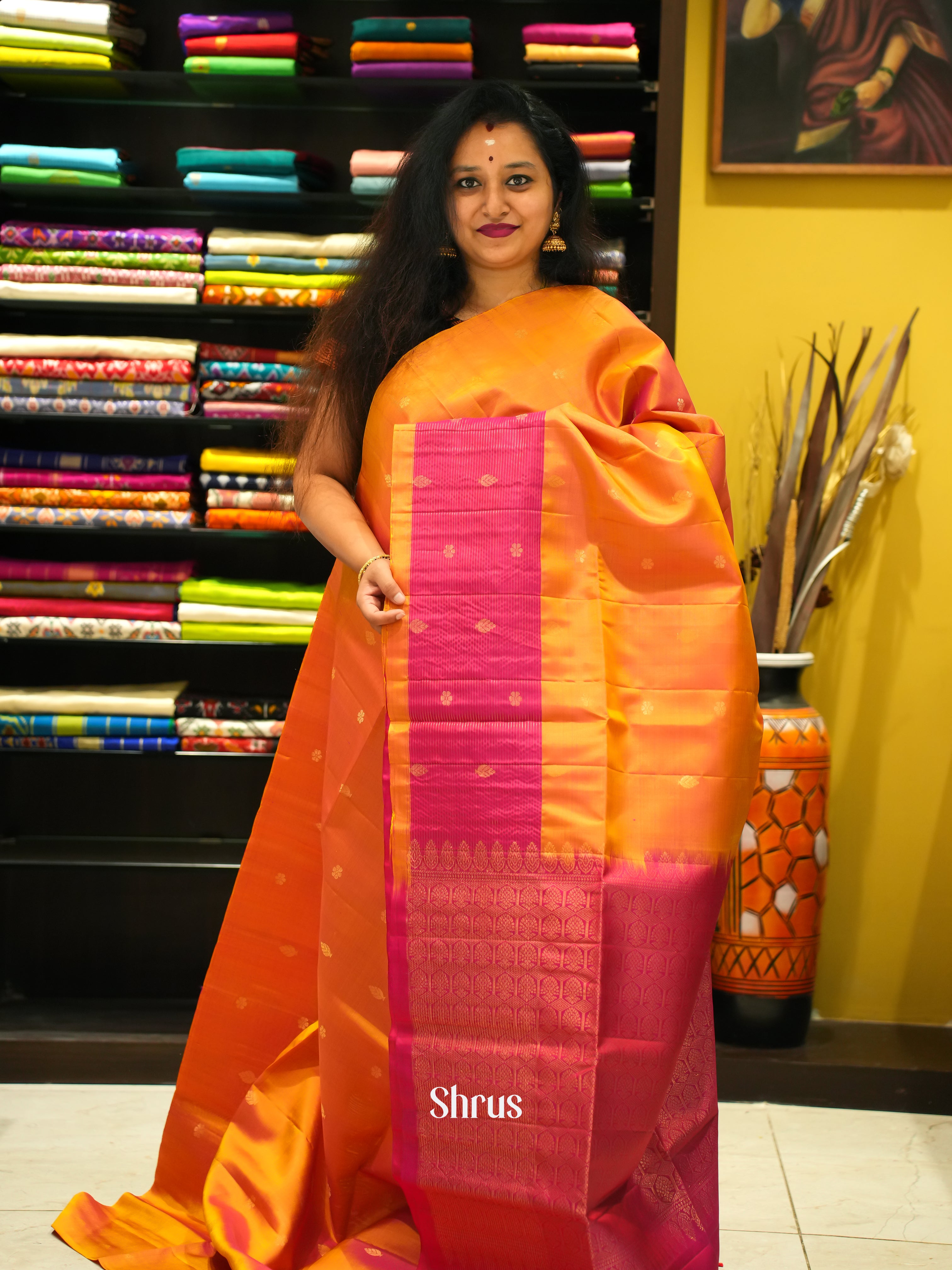 Mustard & Pink - Soft Silk Saree - Shop on ShrusEternity.com