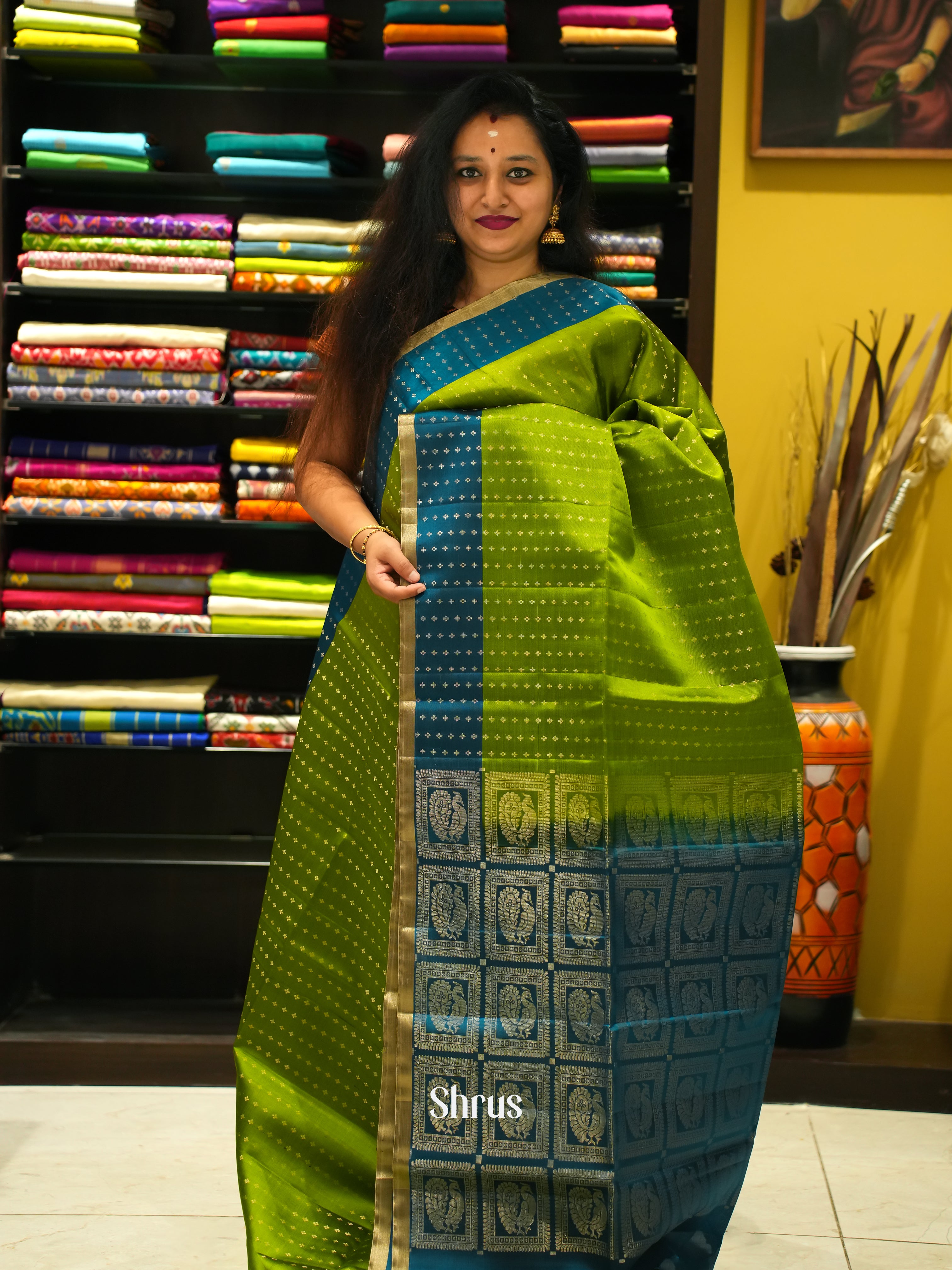 Light Green & Blue - Soft Silk Saree - Shop on ShrusEternity.com