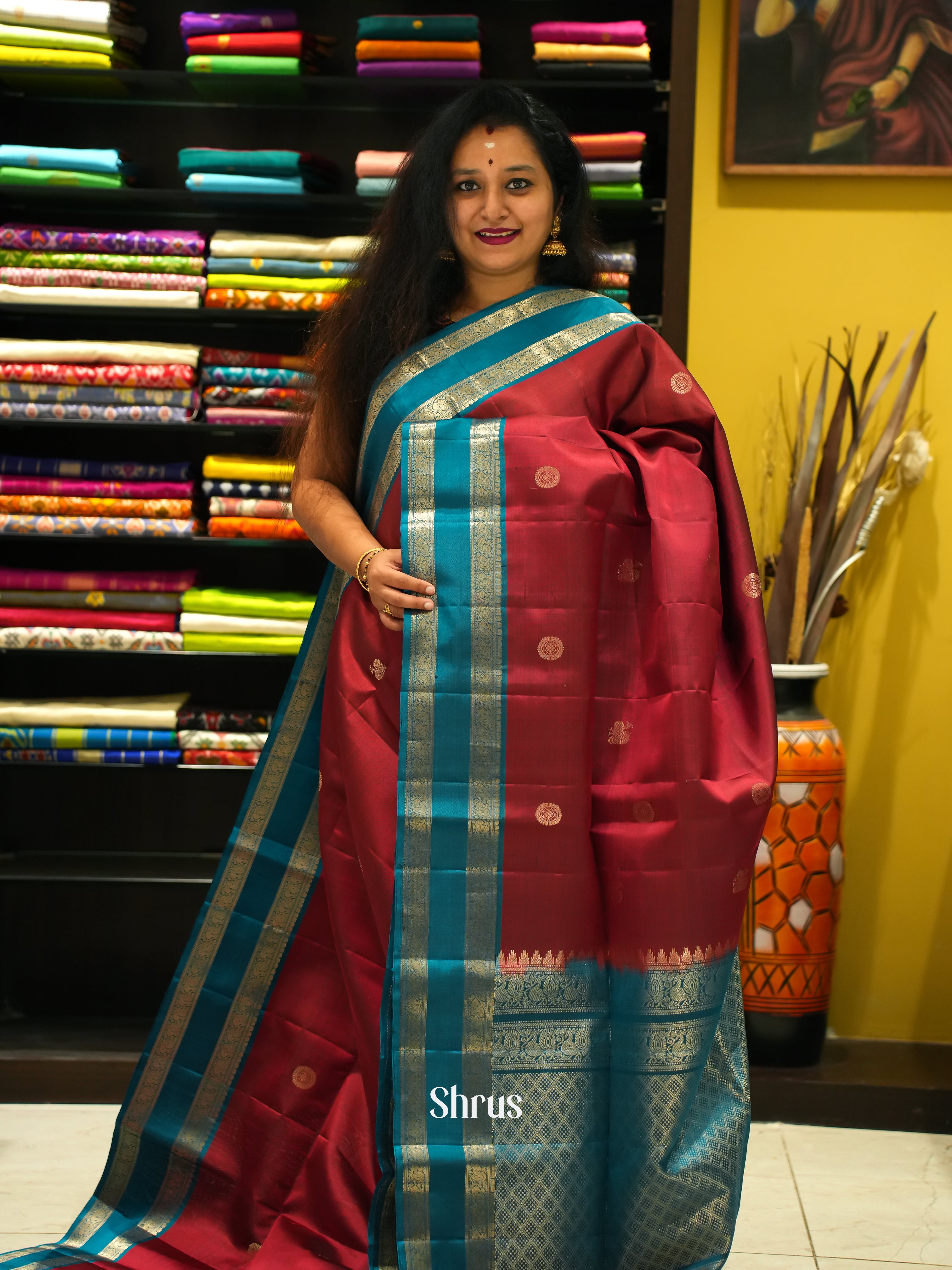 Maroon & Blue - Soft Silk Saree - Shop on ShrusEternity.com