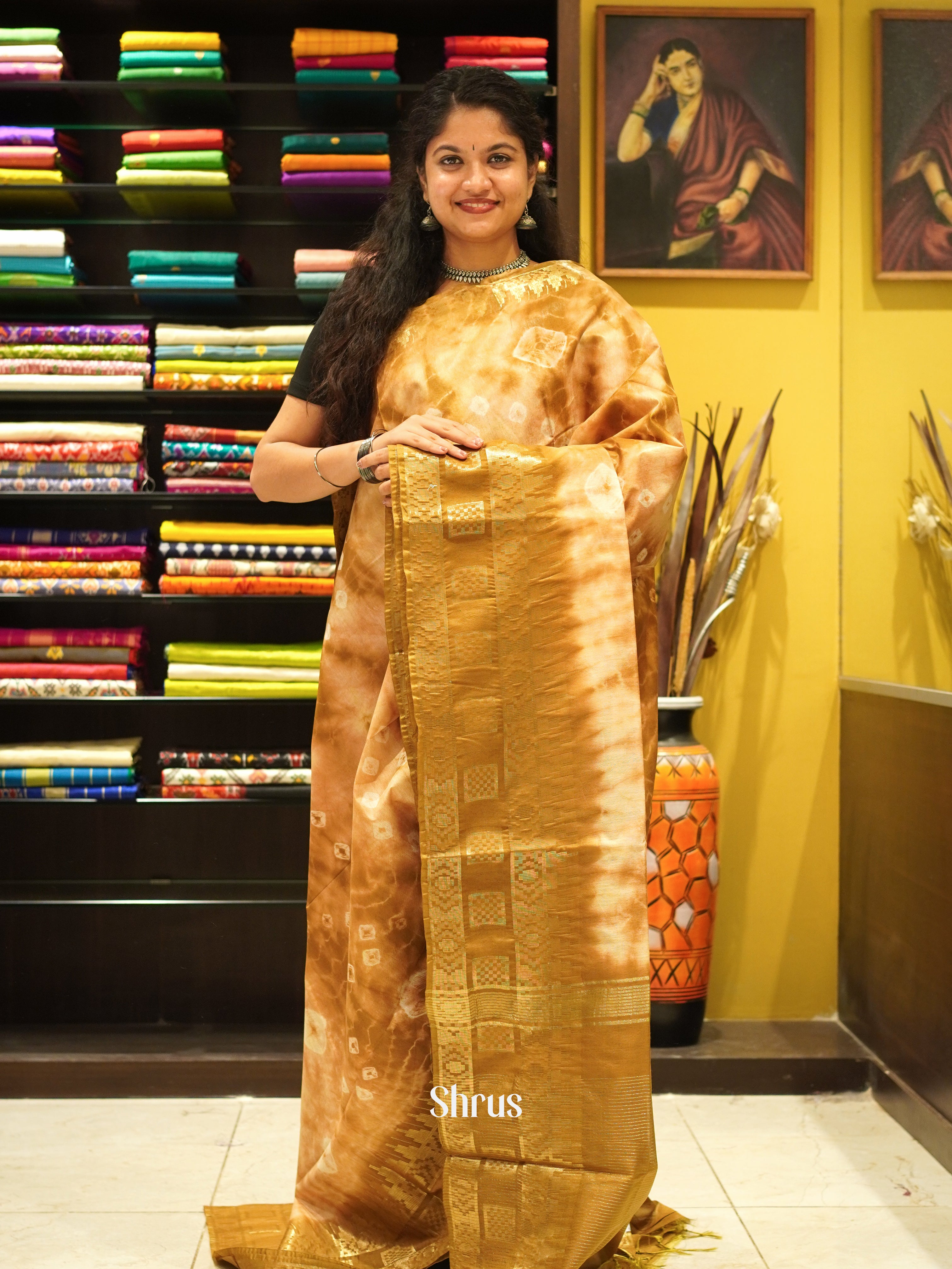 Cream & Mustard - Shibori Saree - Shop on ShrusEternity.com