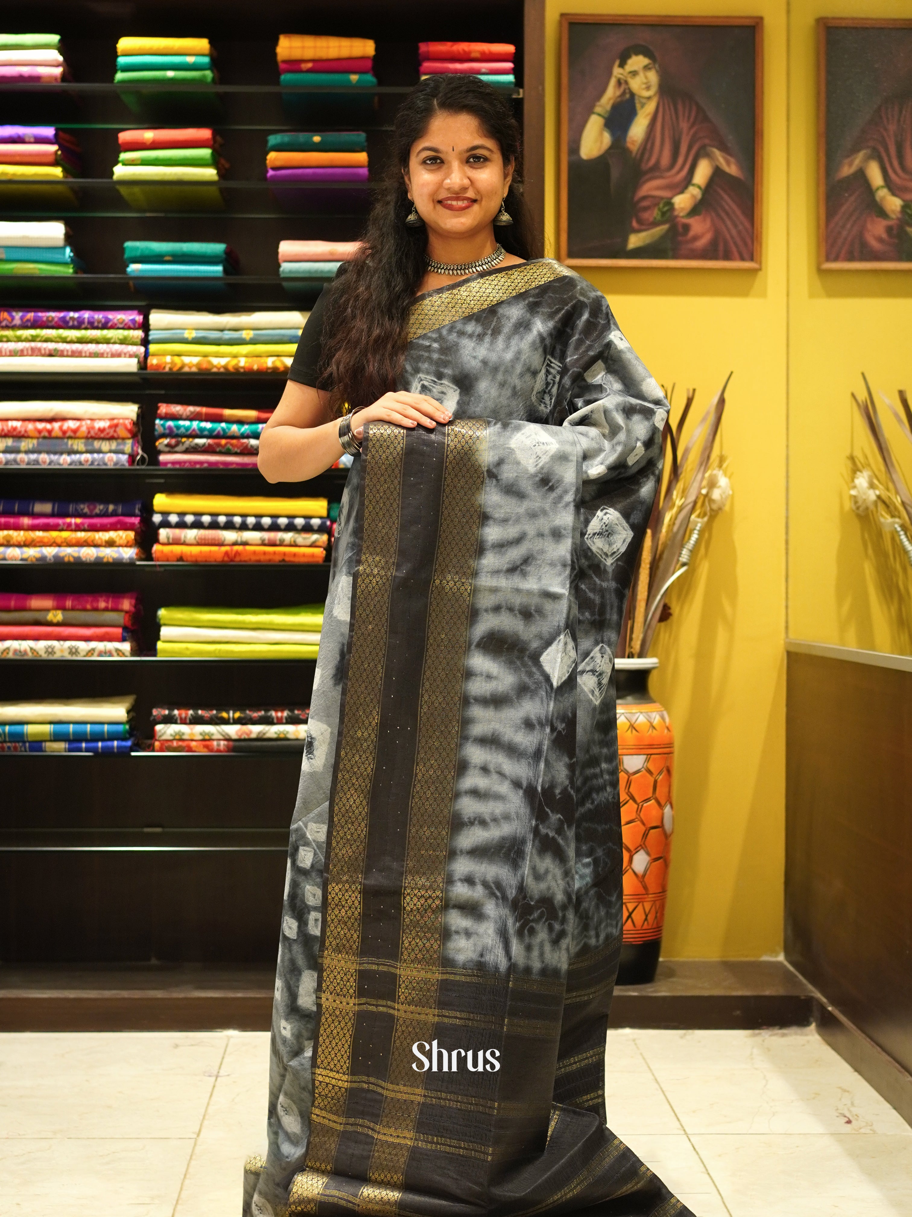 Cream & Black - Shibori Saree - Shop on ShrusEternity.com