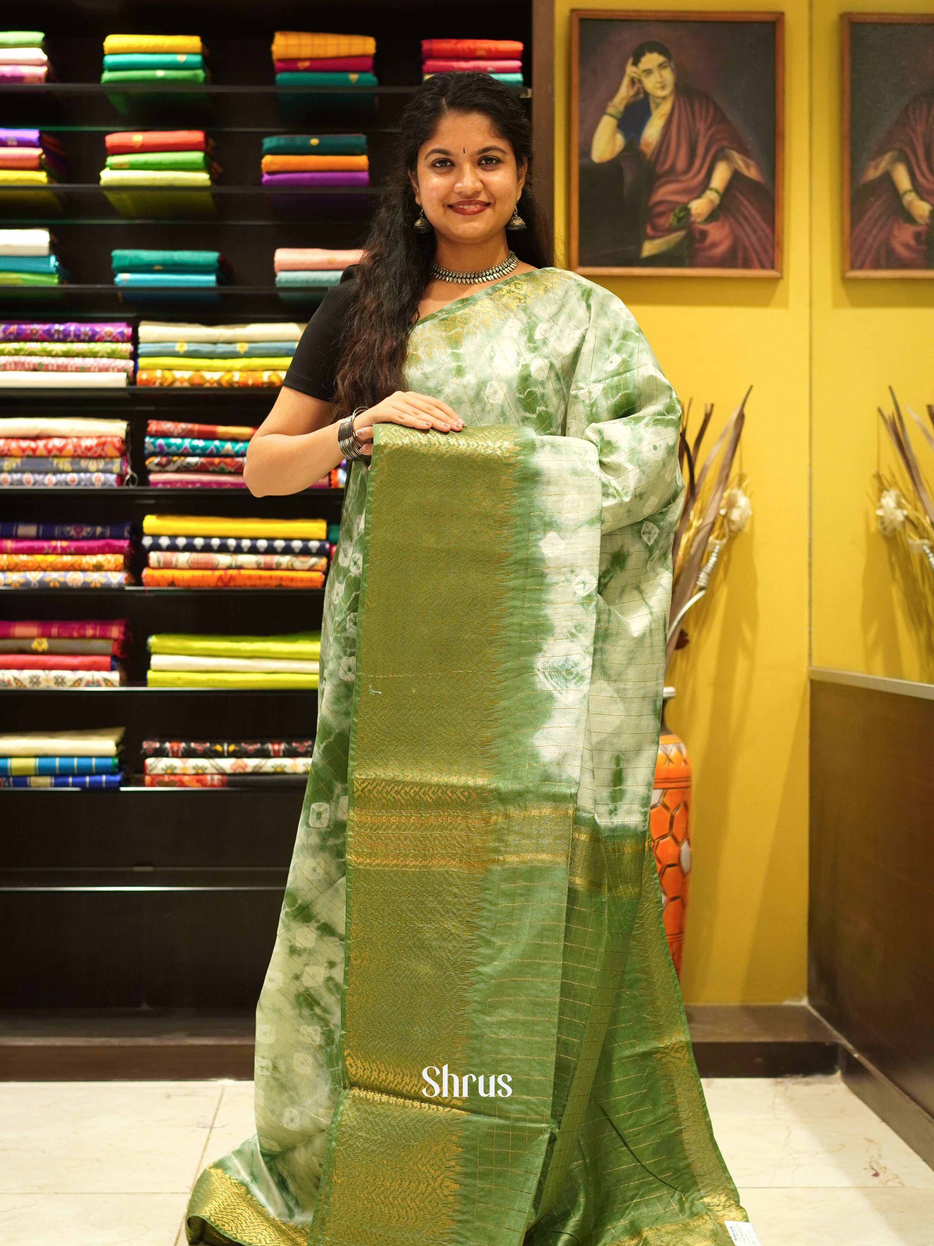 Cream & Green - Shibori Saree - Shop on ShrusEternity.com