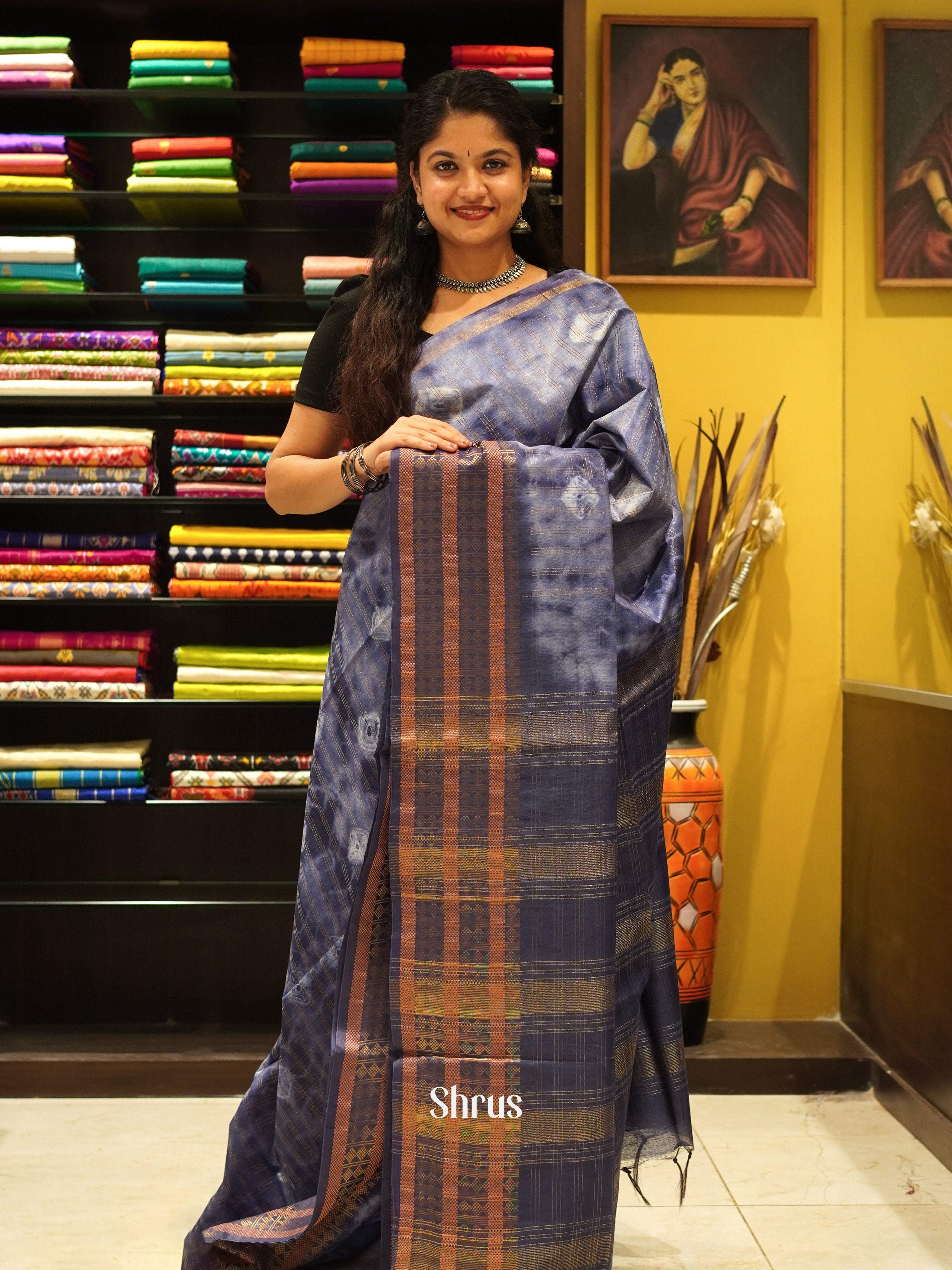 Cream & Blue - Shibori Saree - Shop on ShrusEternity.com