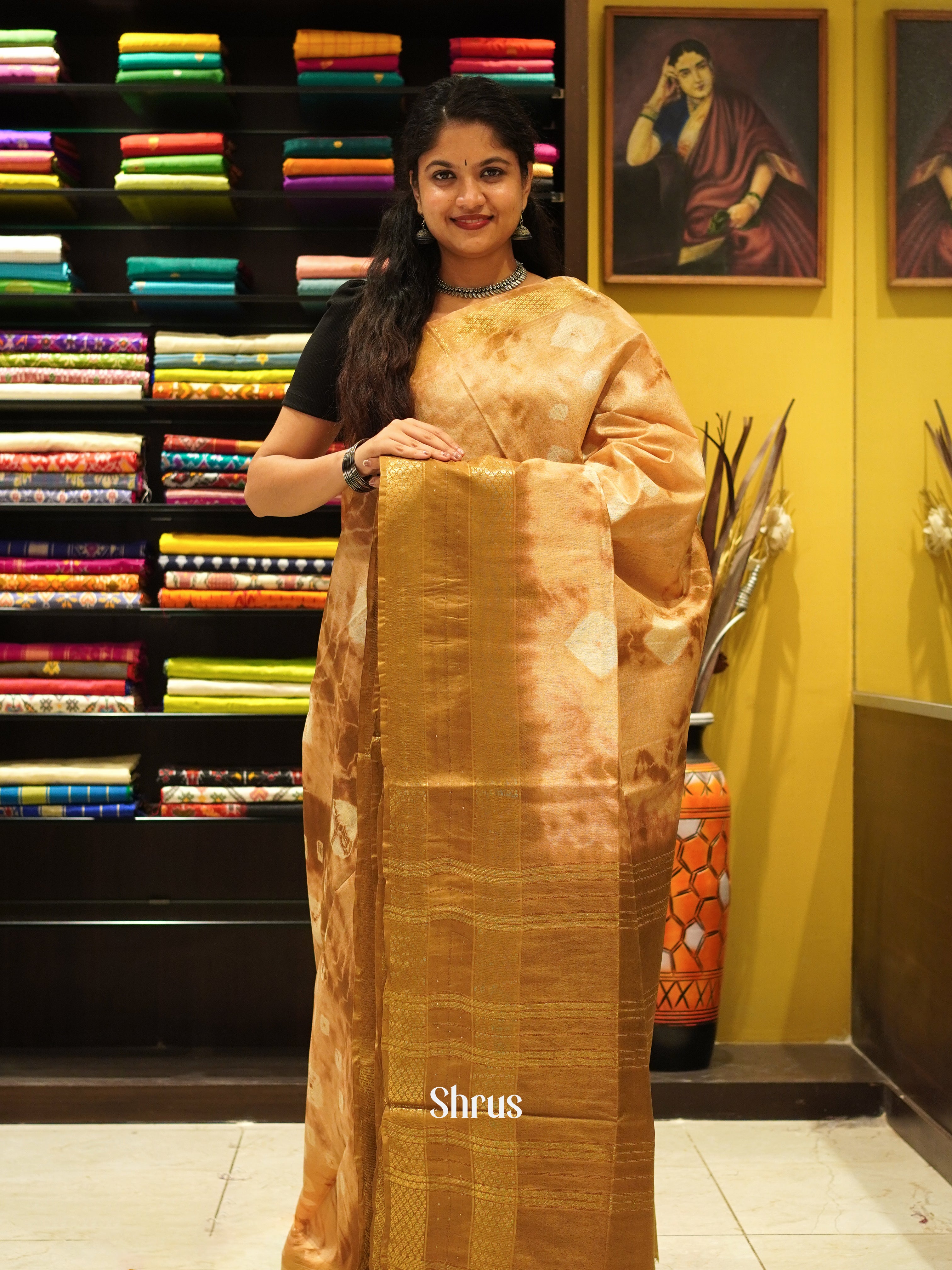 Cream & Brown - Shibori Saree - Shop on ShrusEternity.com