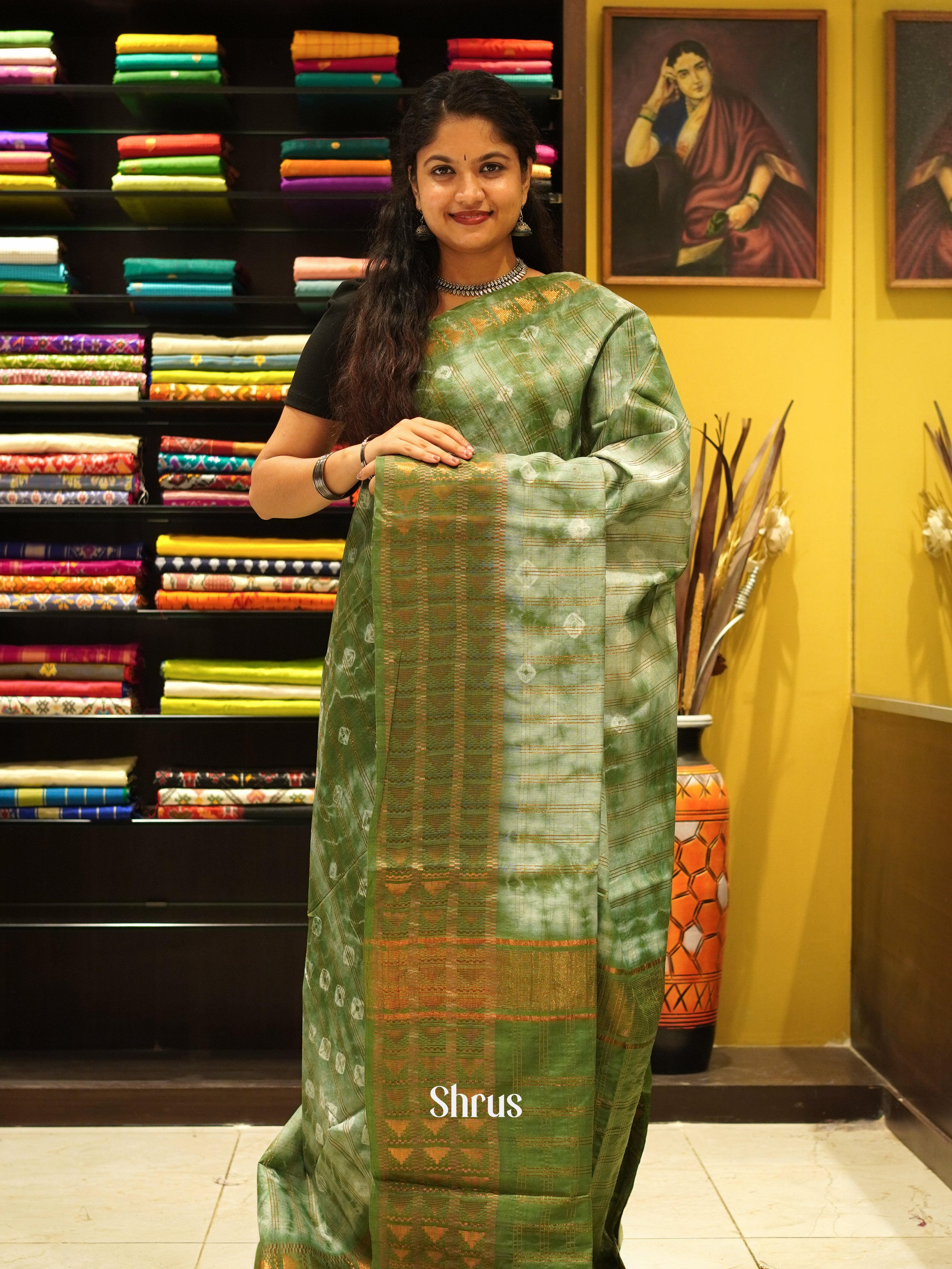 Cream & Green - Shibori Saree - Shop on ShrusEternity.com