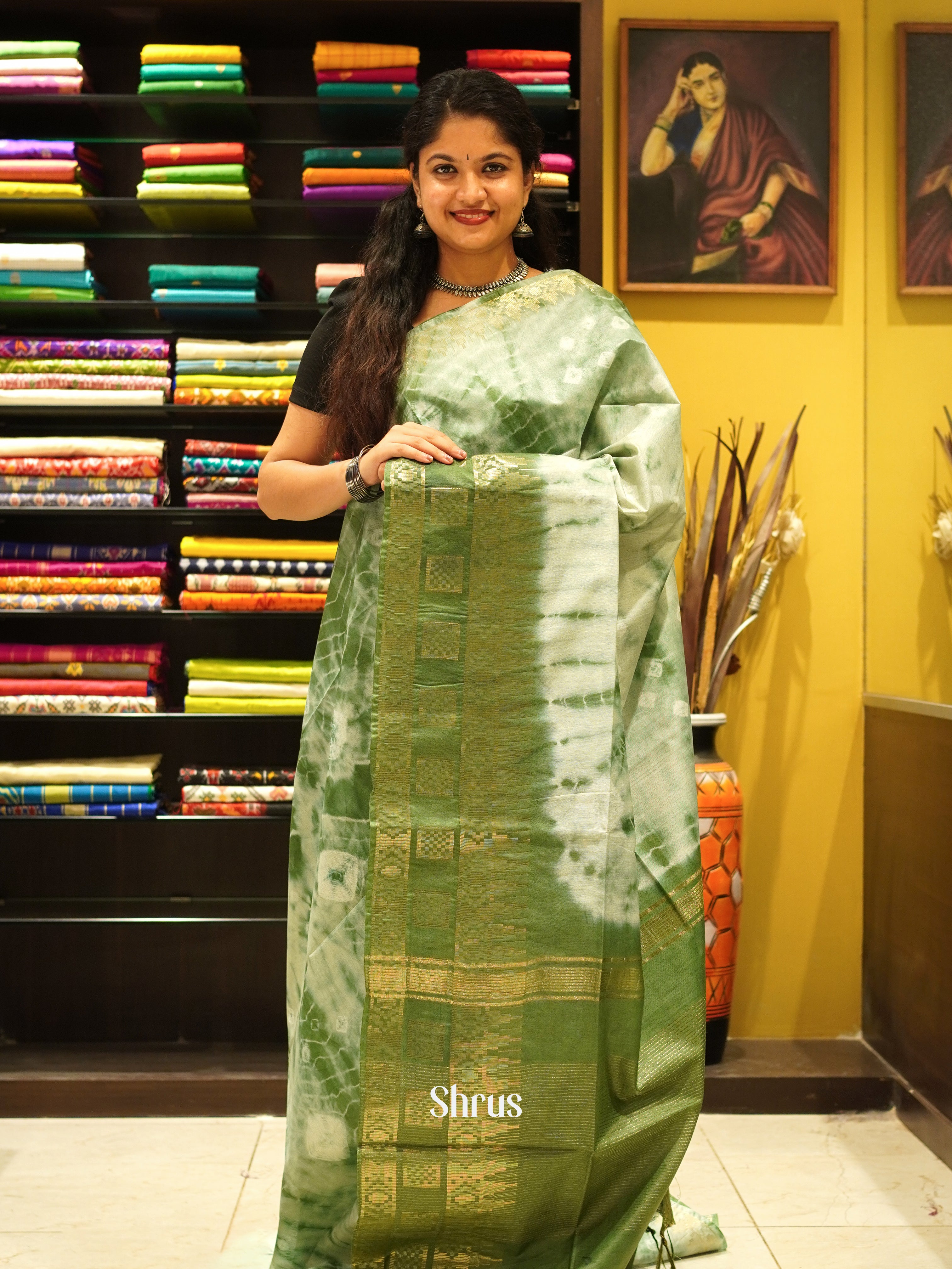 Cream & Green - Shibori Saree - Shop on ShrusEternity.com