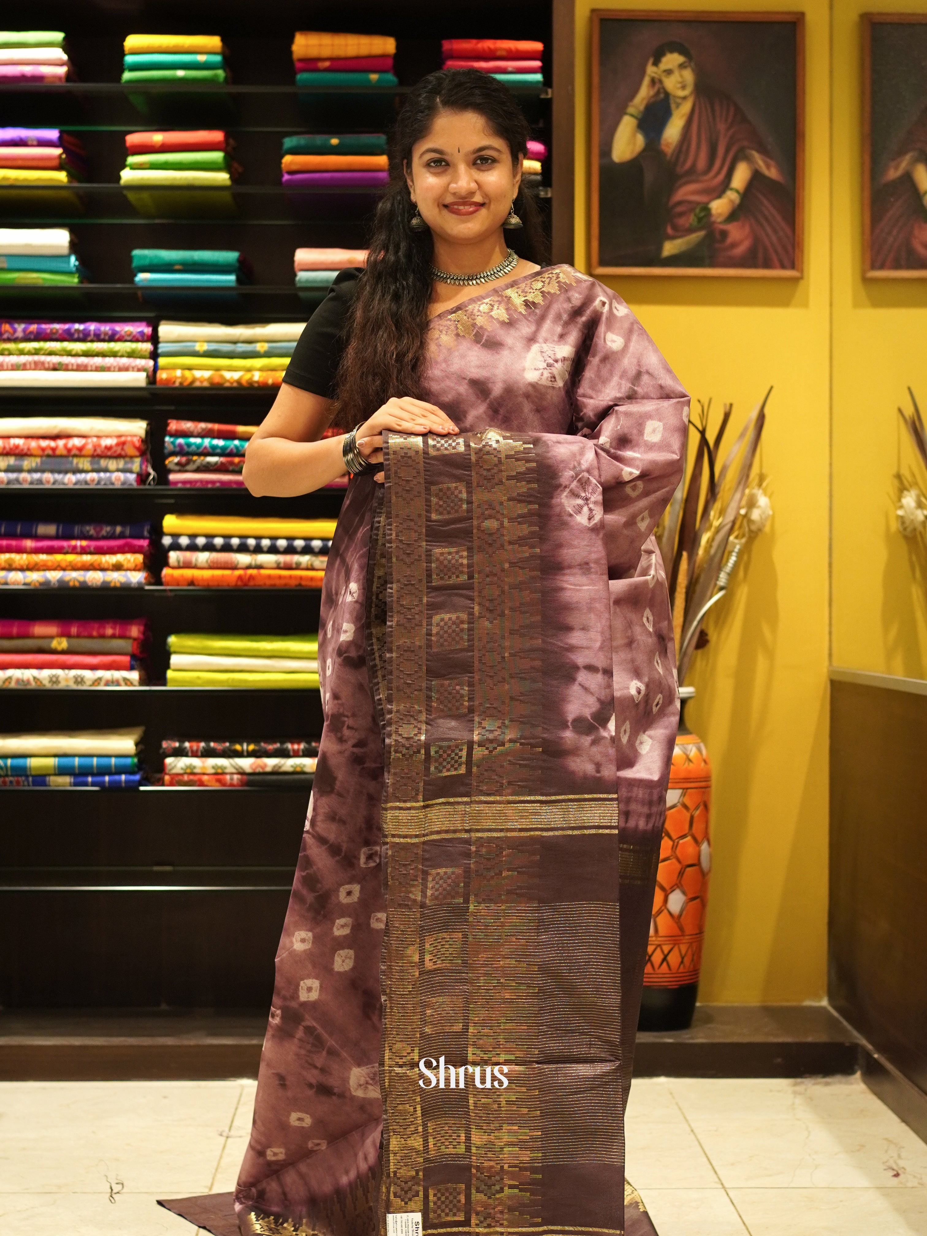 Brown & Cream - Shibori Saree - Shop on ShrusEternity.com