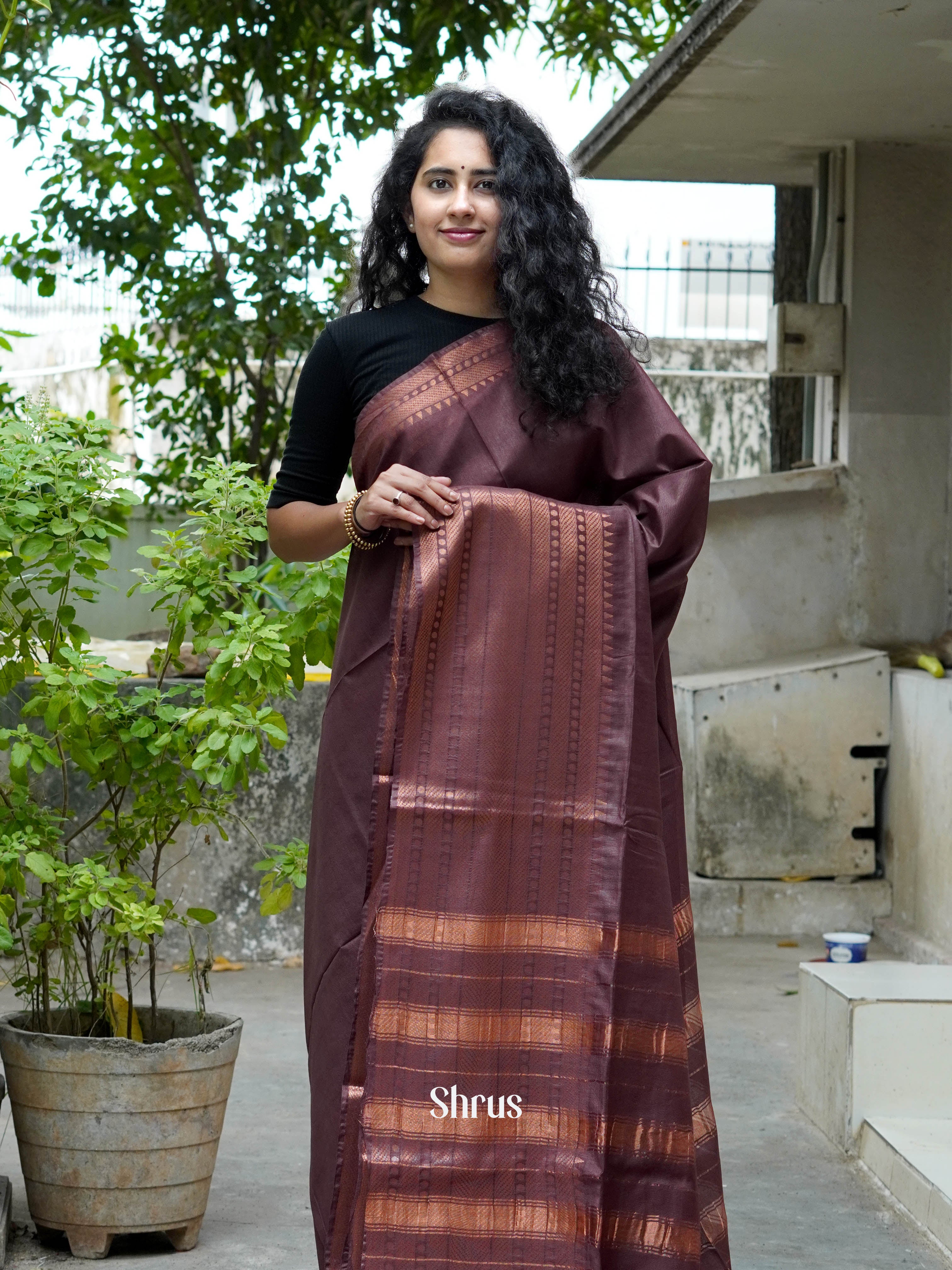 Brown(Single Tone) - Semi Tussar Saree