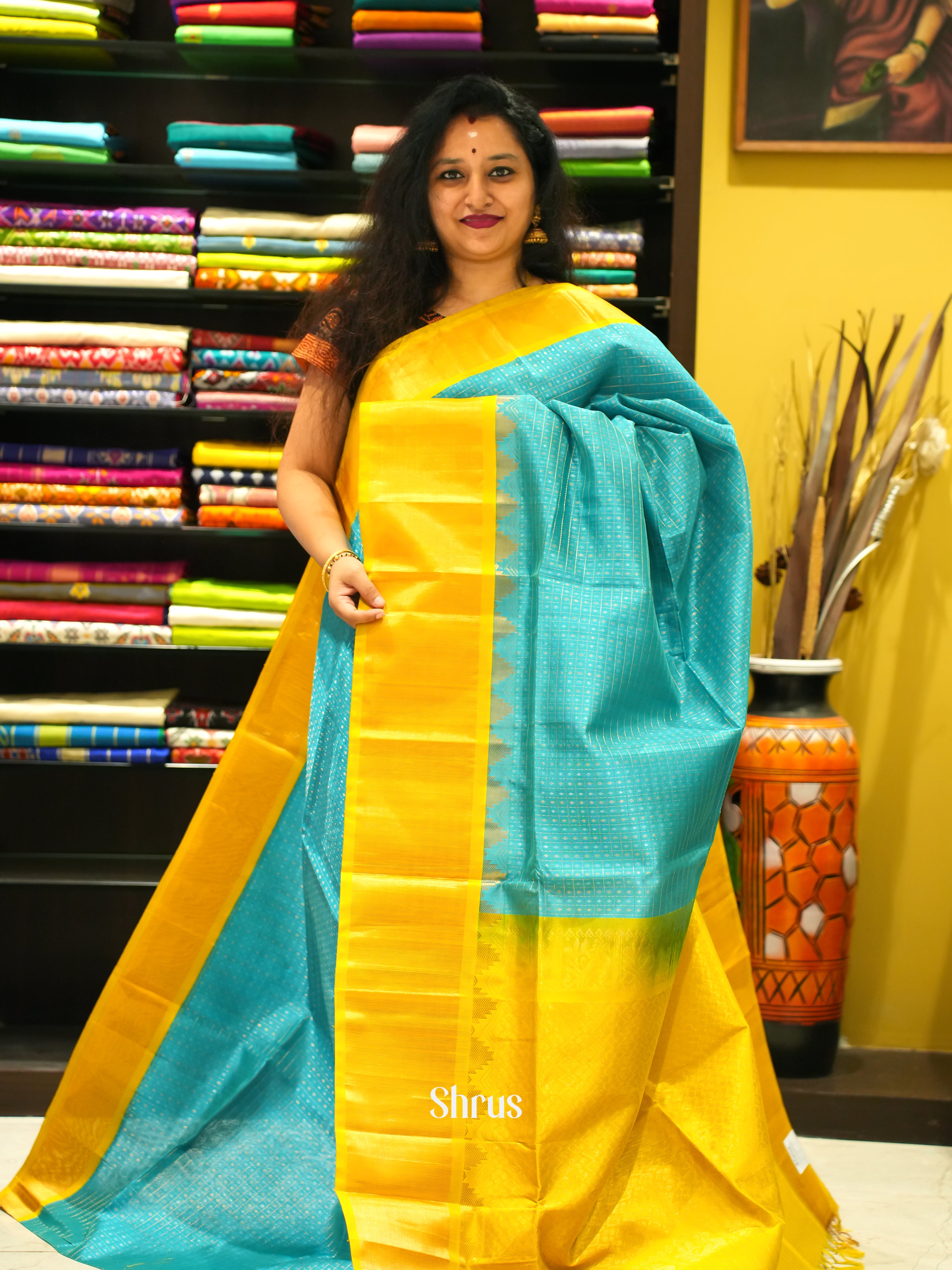 Blue & Yellow - Silk Cotton Saree - Shop on ShrusEternity.com