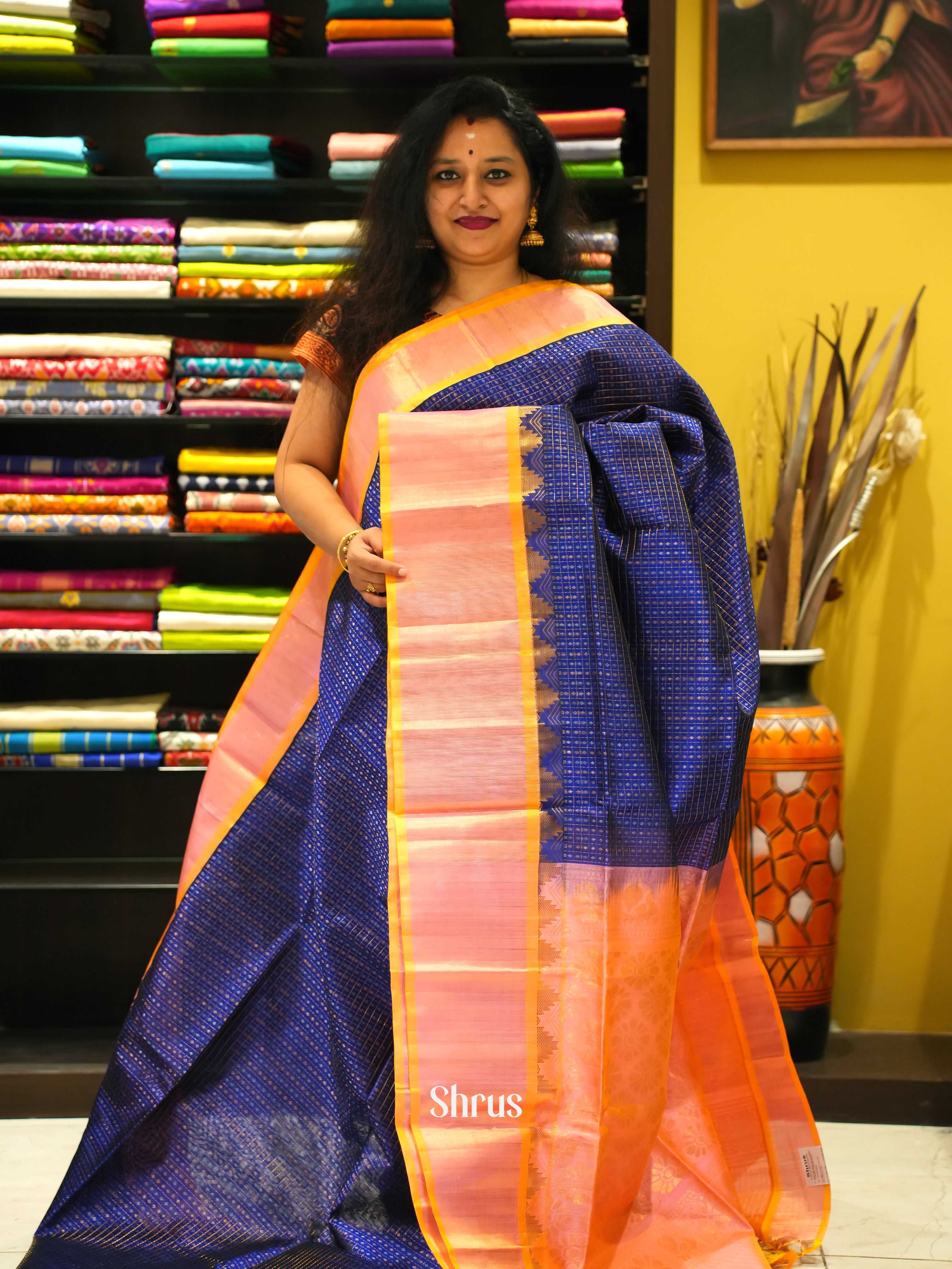 Blue & Peach- Silk Cotton Saree - Shop on ShrusEternity.com