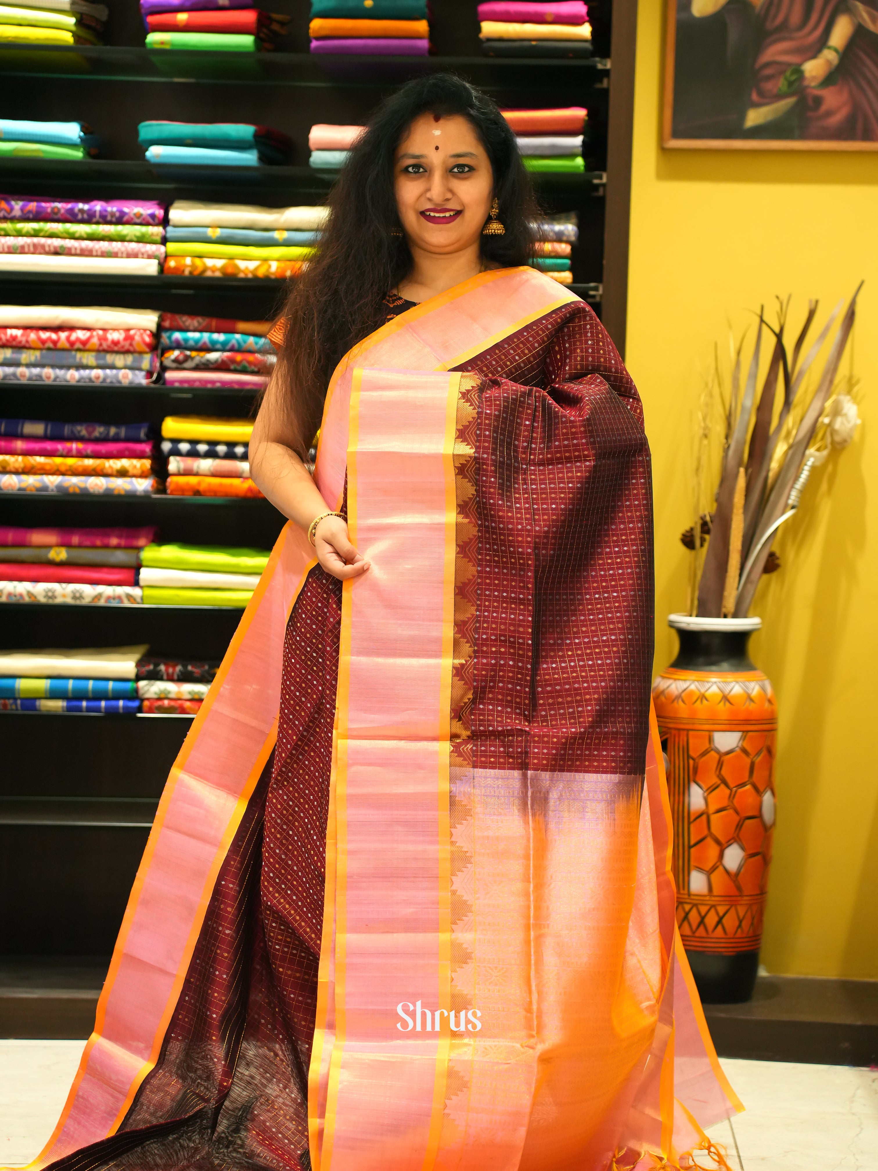 Maroon & Peach - Silk Cotton Saree - Shop on ShrusEternity.com