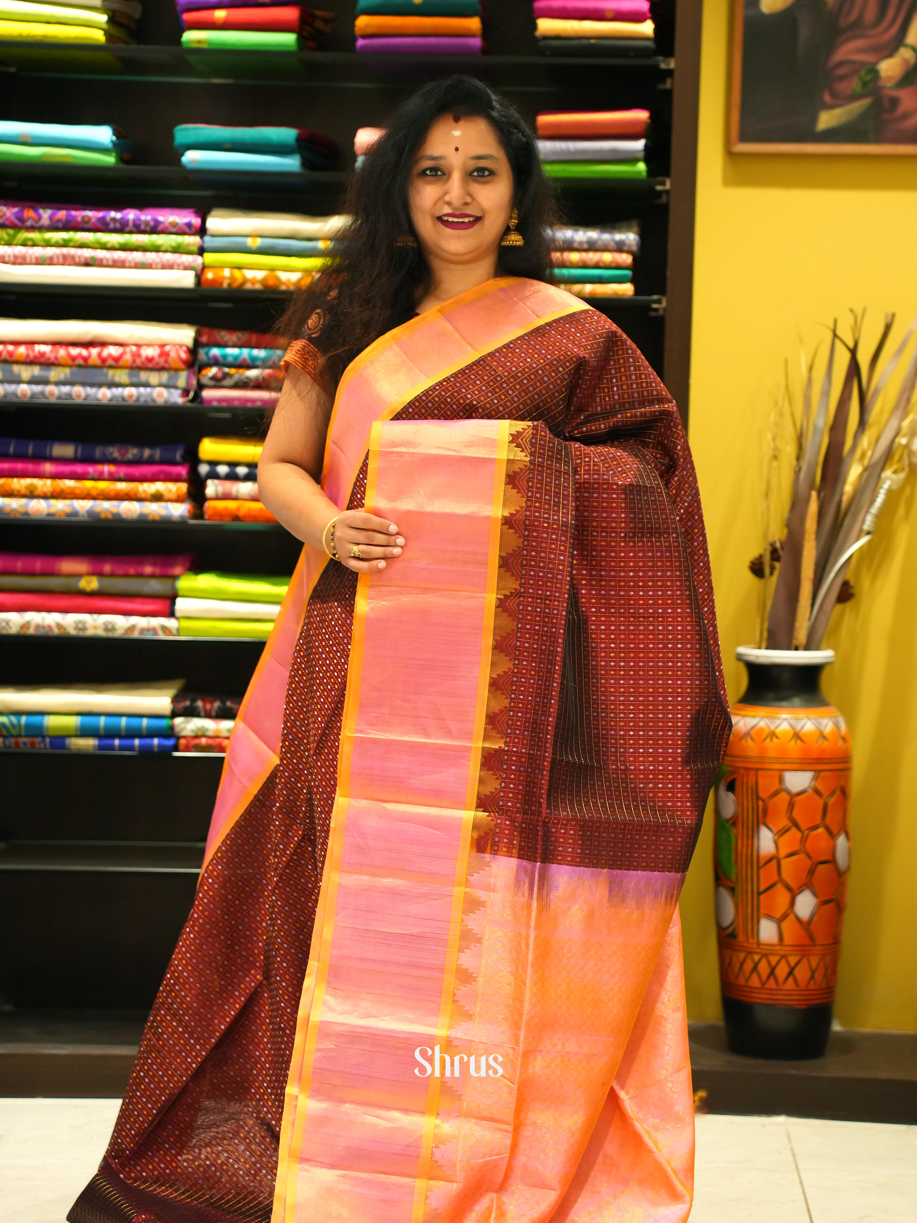 Brown & Peach- Silk Cotton Saree - Shop on ShrusEternity.com