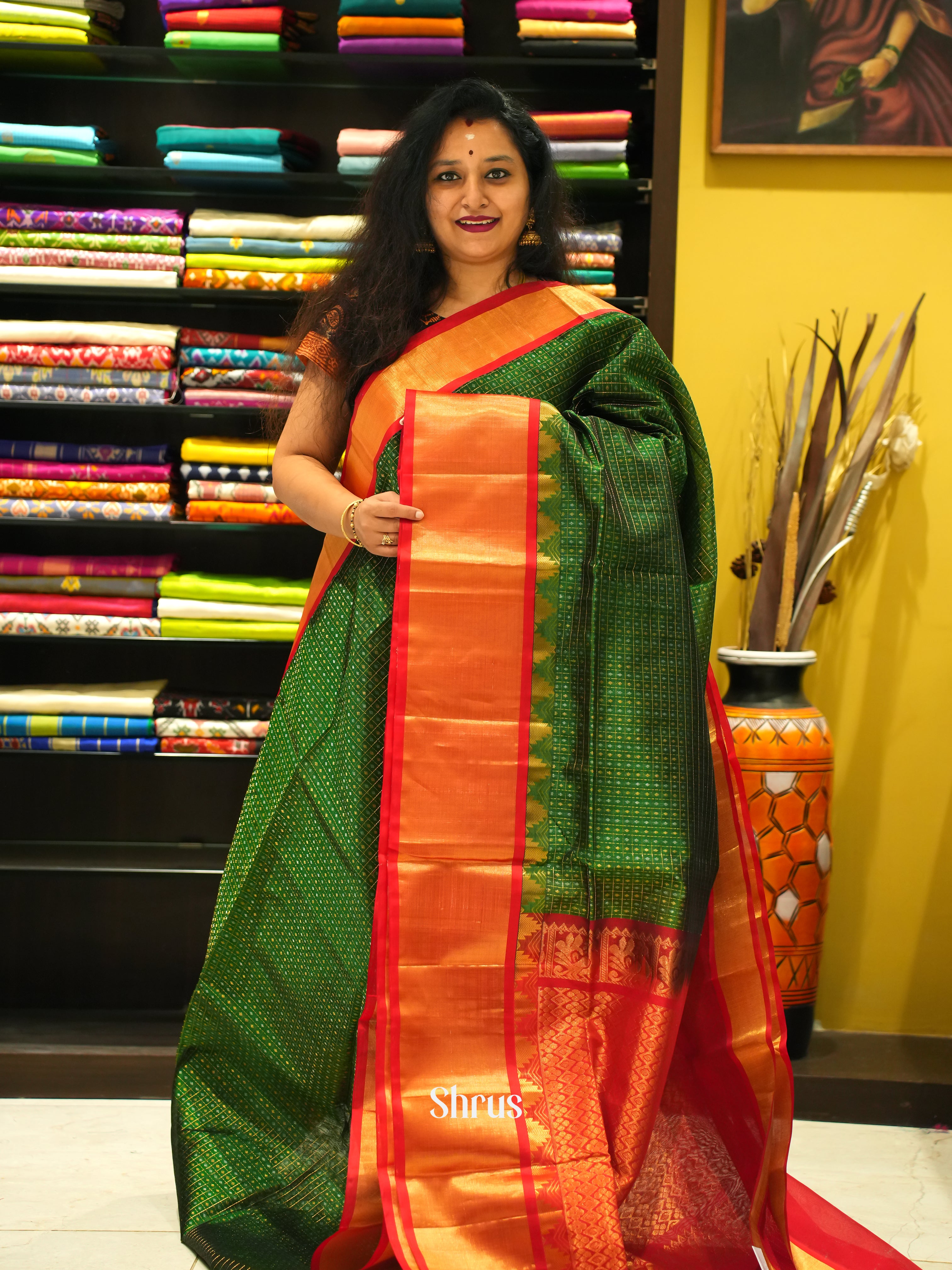 Green & Red - Silk Cotton Saree - Shop on ShrusEternity.com