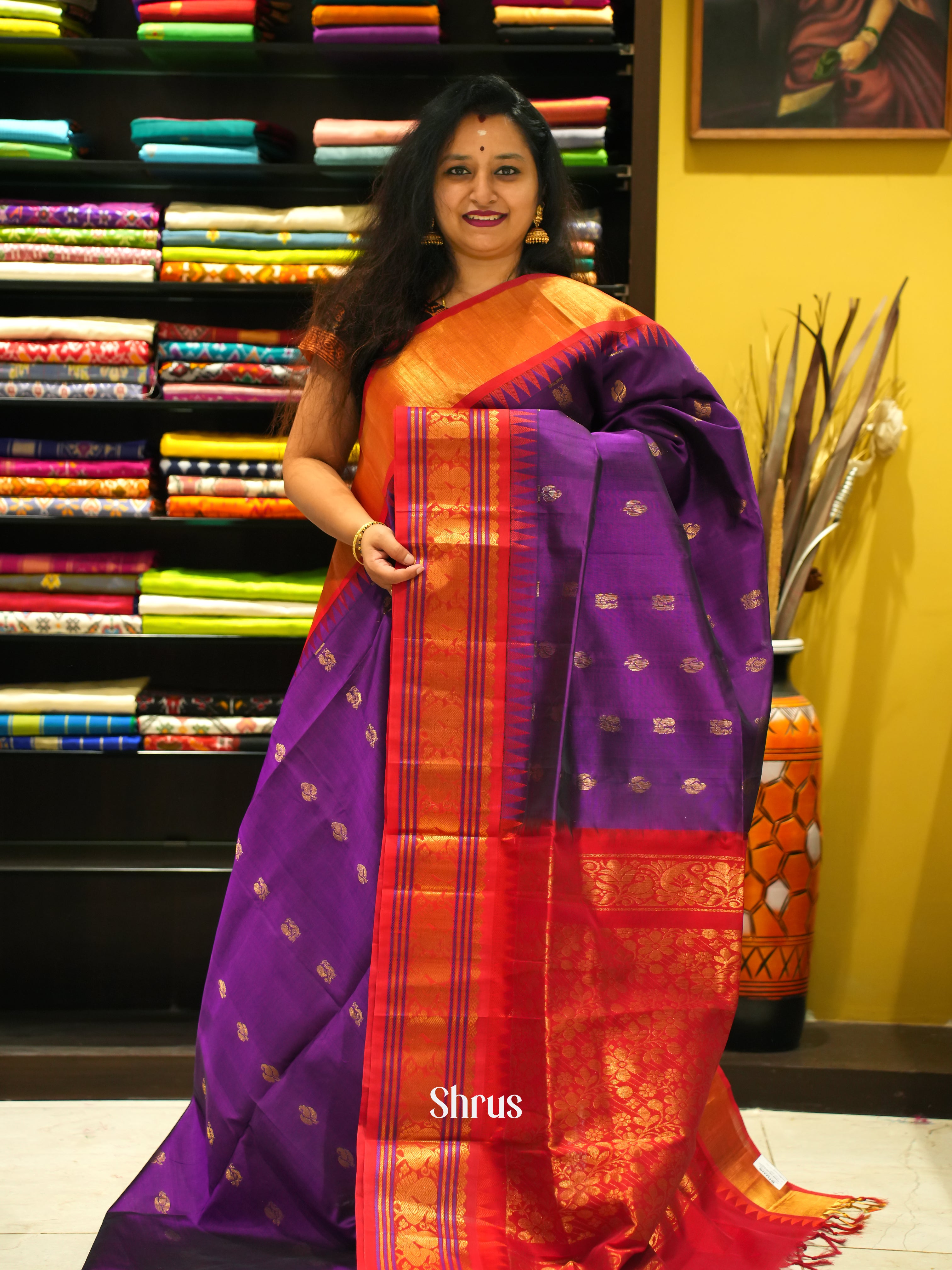 Violet & Red - Silk Cotton Saree - Shop on ShrusEternity.com