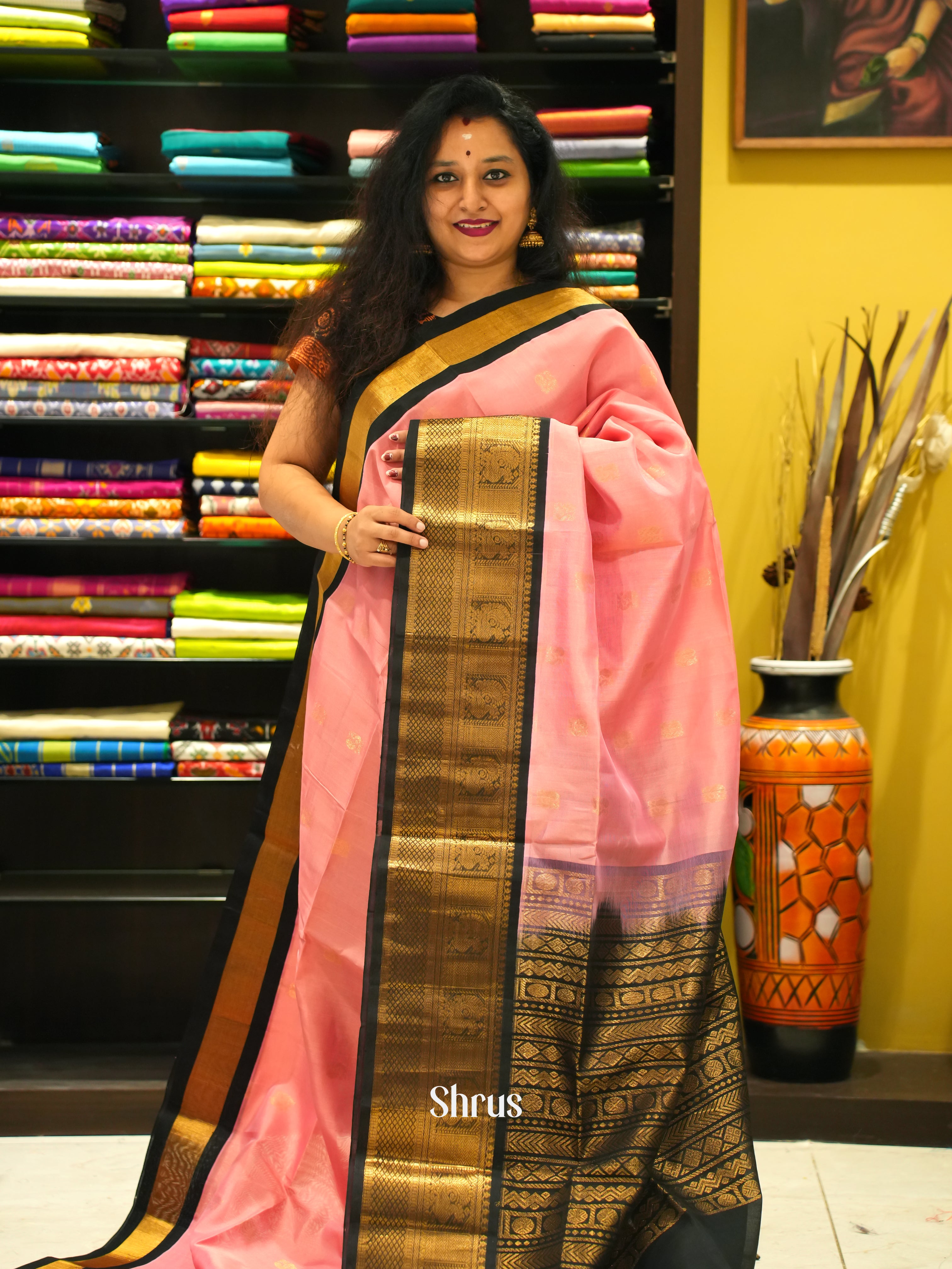 Pink & Black - Silk Cotton Saree - Shop on ShrusEternity.com