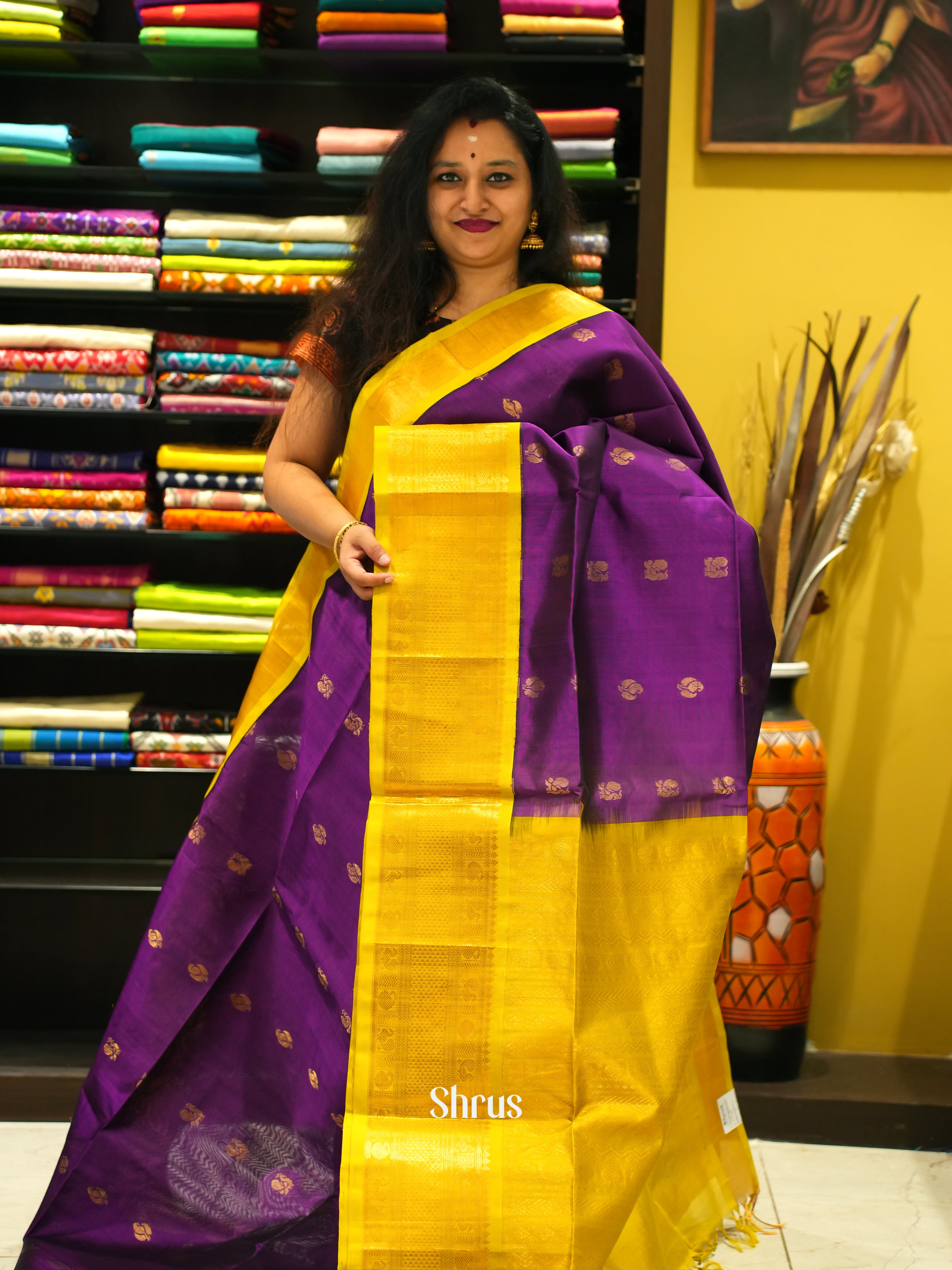 Violet & Yellow - Silk Cotton Saree - Shop on ShrusEternity.com