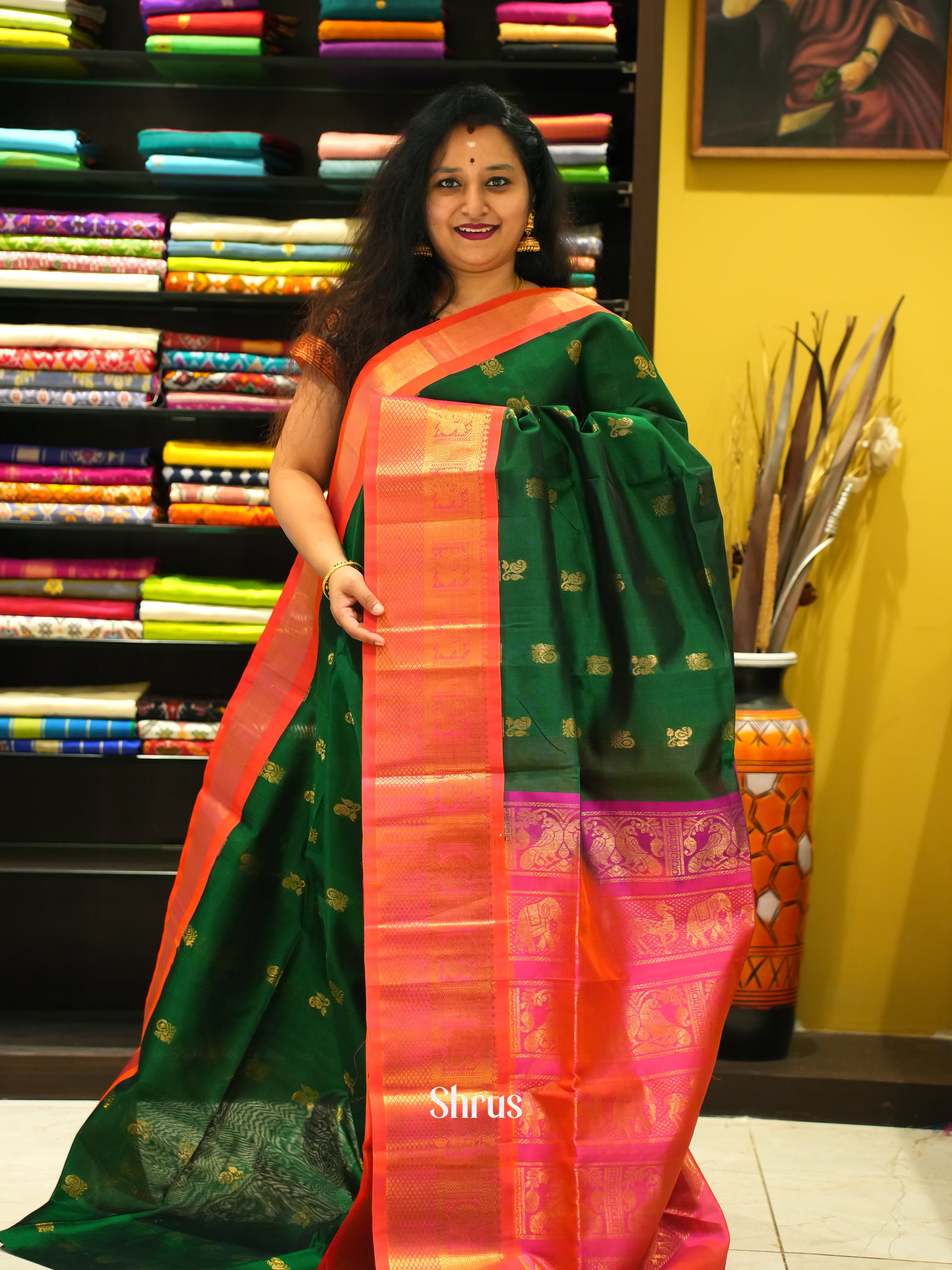 Green & Pink - Silk Cotton Saree - Shop on ShrusEternity.com