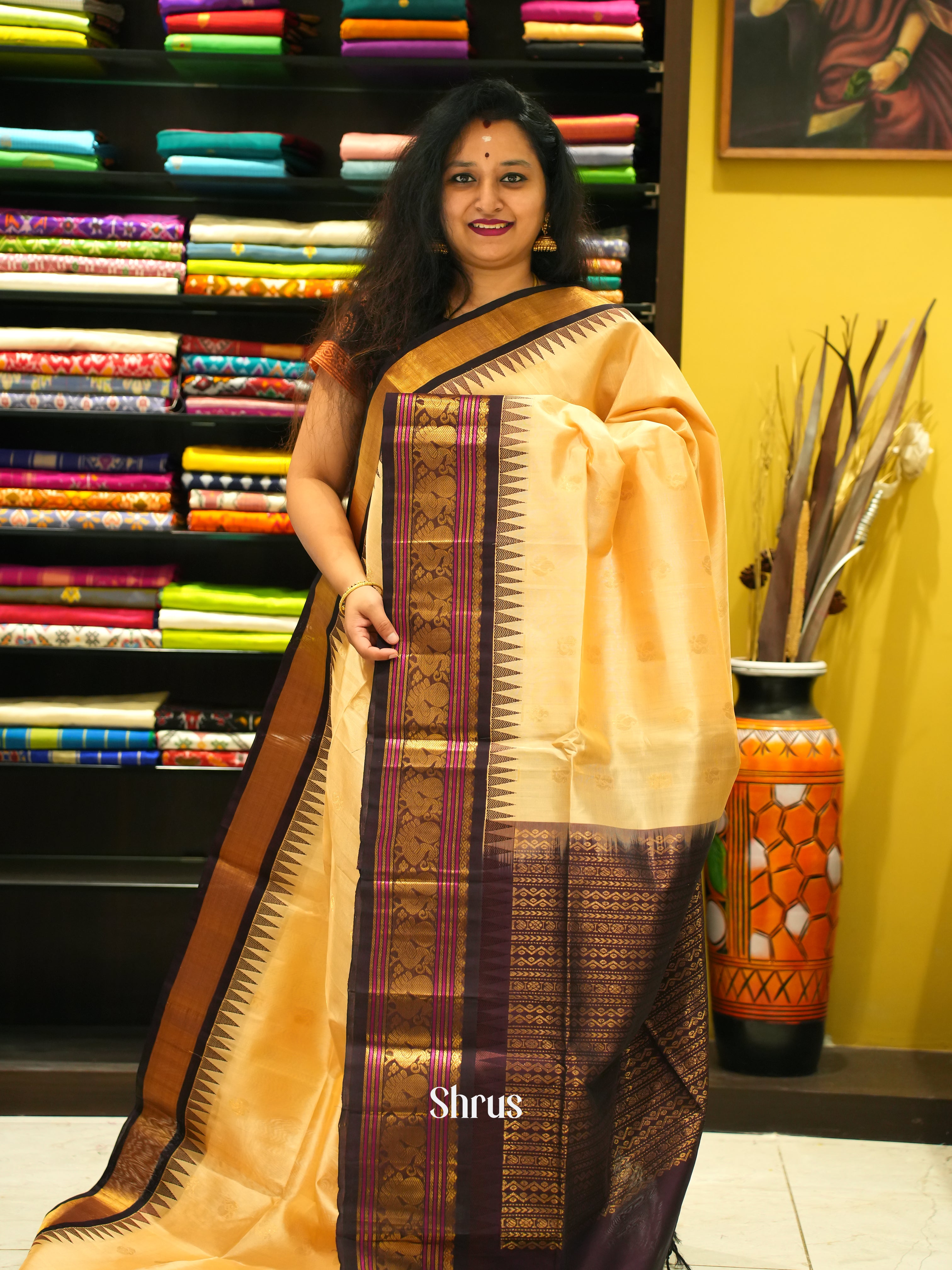 Sandal & Brown - Silk Cotton Saree - Shop on ShrusEternity.com