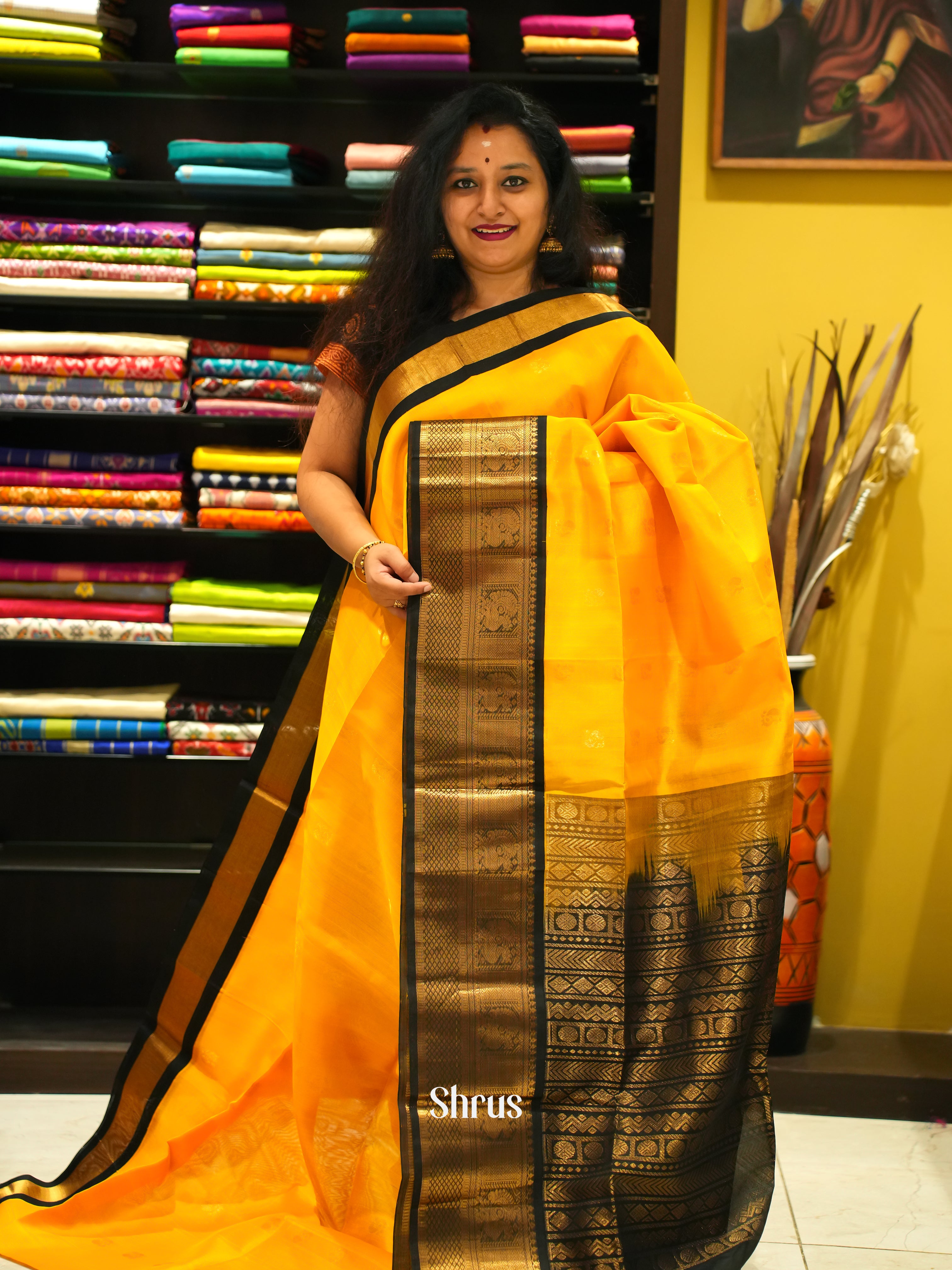 Yellow & Brown - Silk Cotton Saree - Shop on ShrusEternity.com