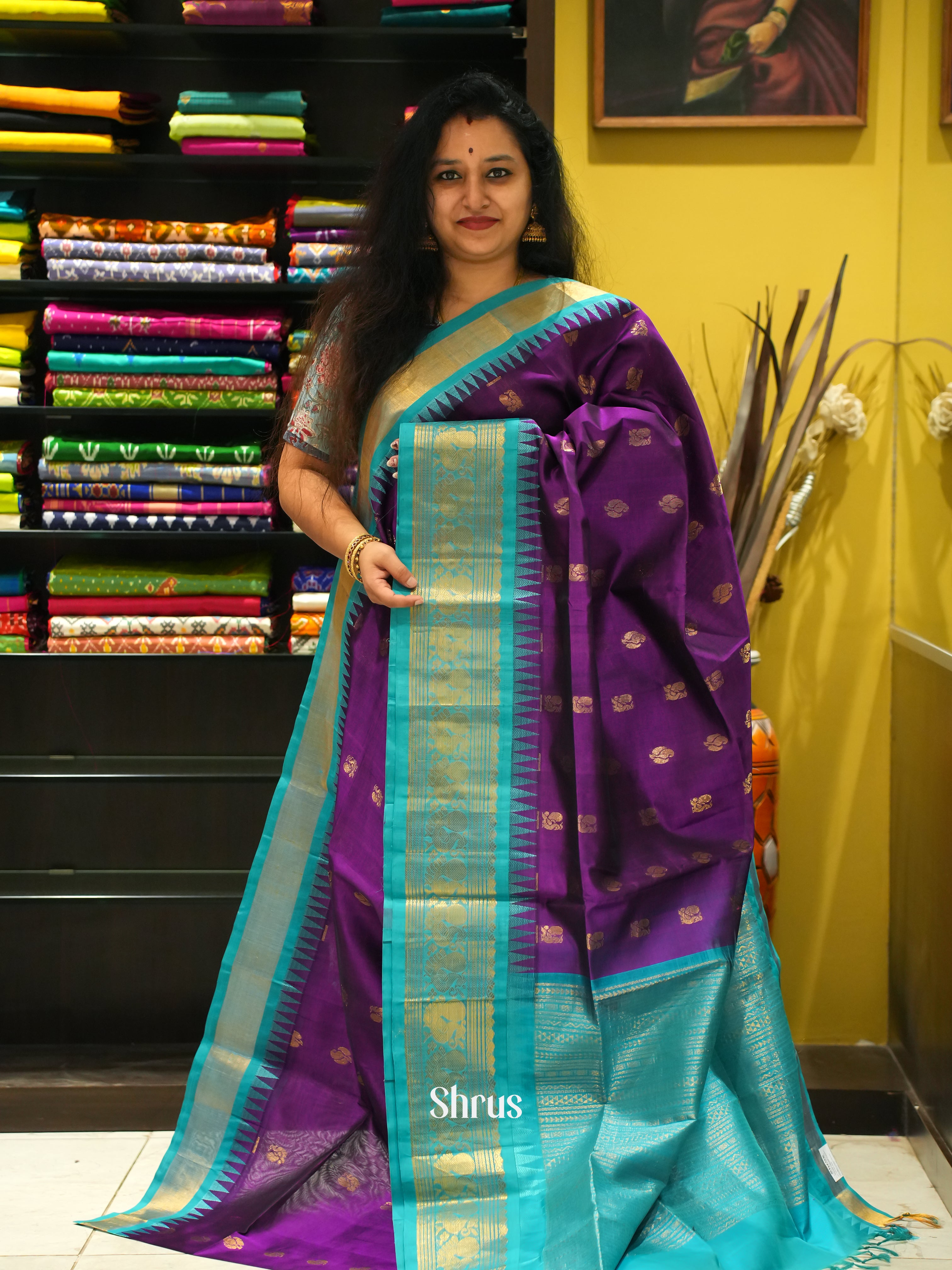 Violet & Blue - Silk Cotton Saree - Shop on ShrusEternity.com