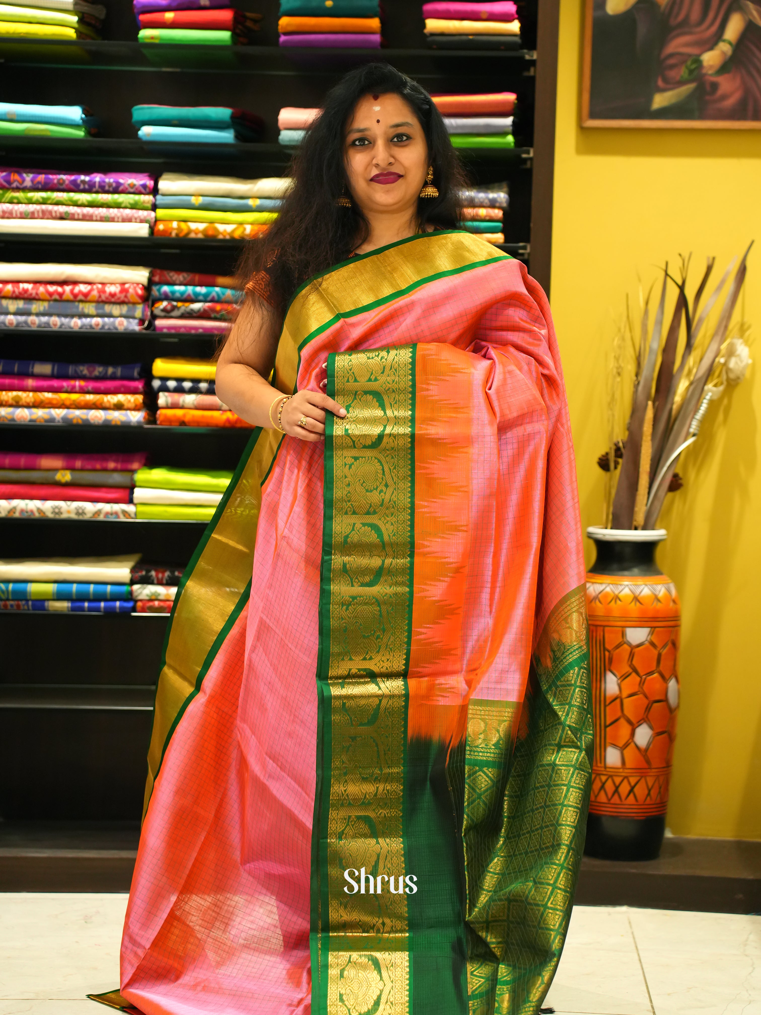 Pink & Green- Silk Cotton Saree - Shop on ShrusEternity.com