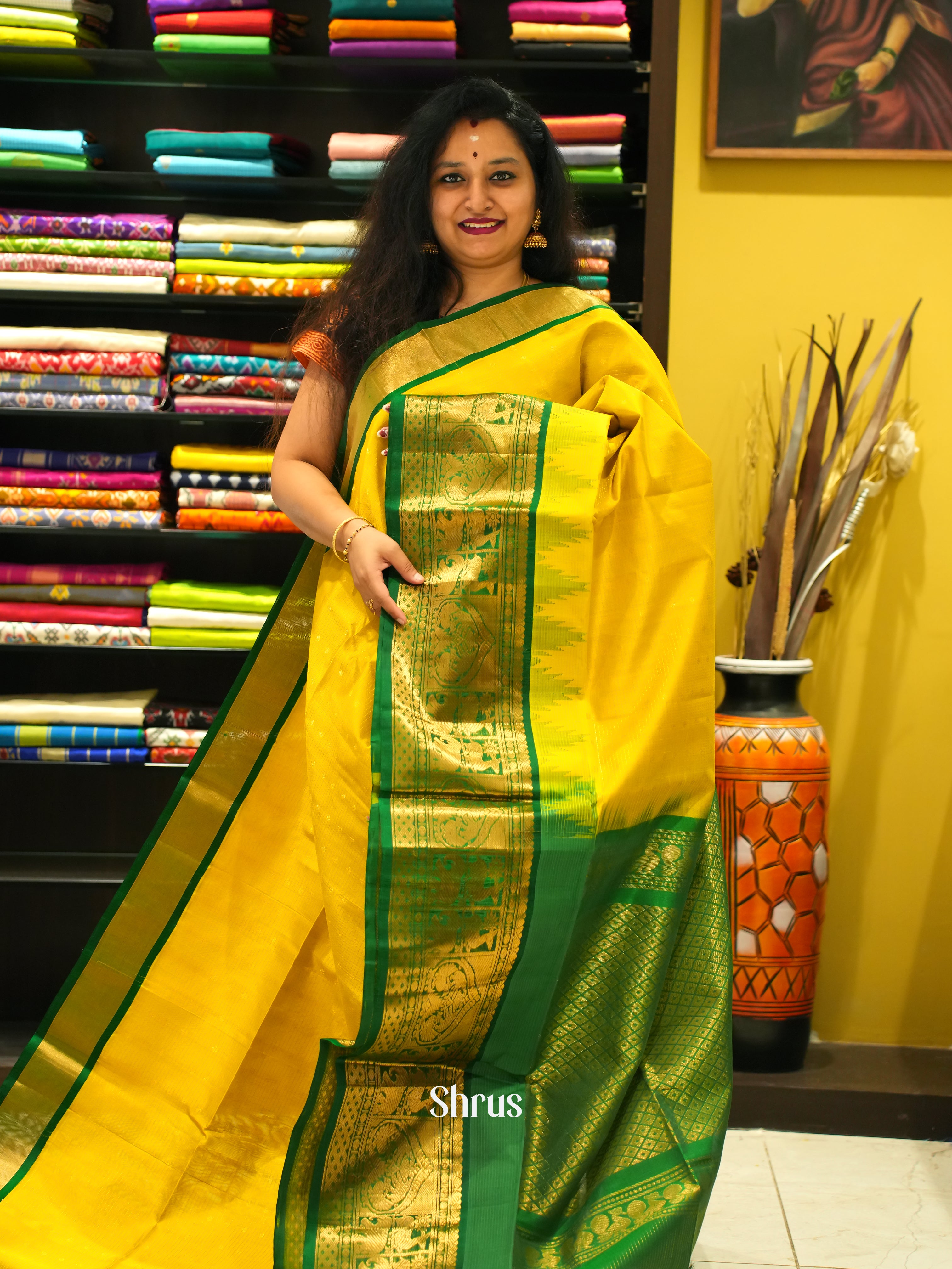 Yellow & Green- Silk Cotton Saree - Shop on ShrusEternity.com