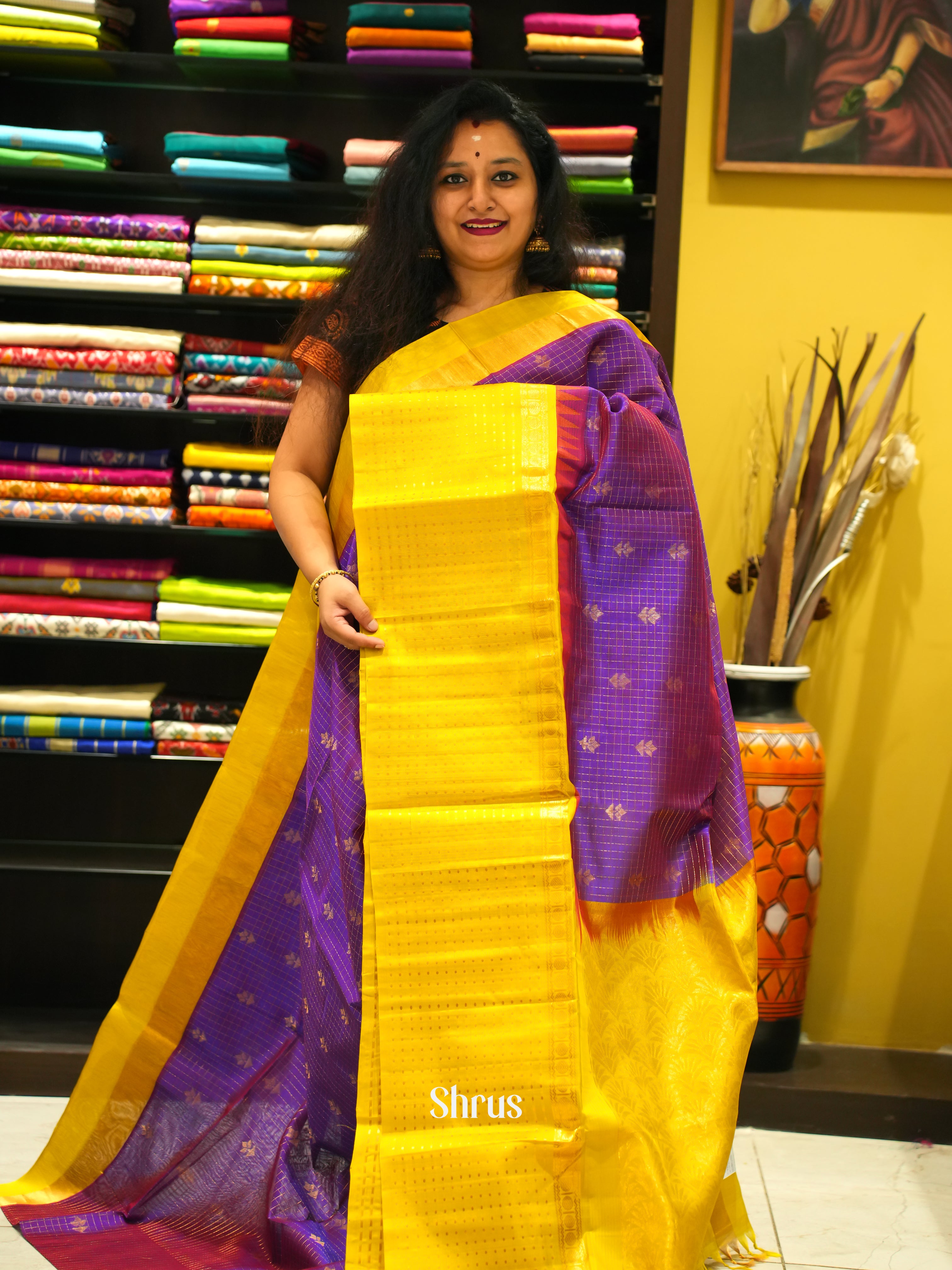 Violet & Yellow - Silk Cotton Saree - Shop on ShrusEternity.com