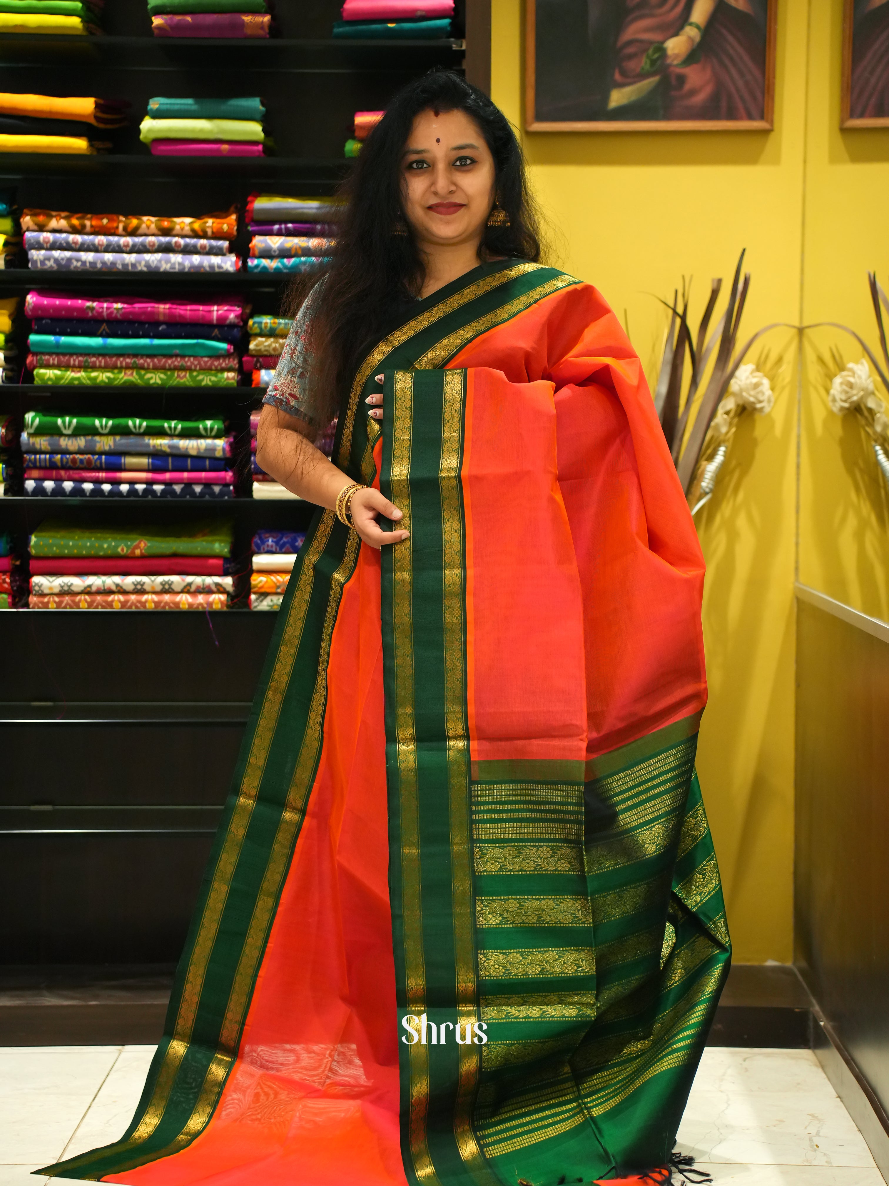 Orange & Green - Silk Cotton Saree - Shop on ShrusEternity.com