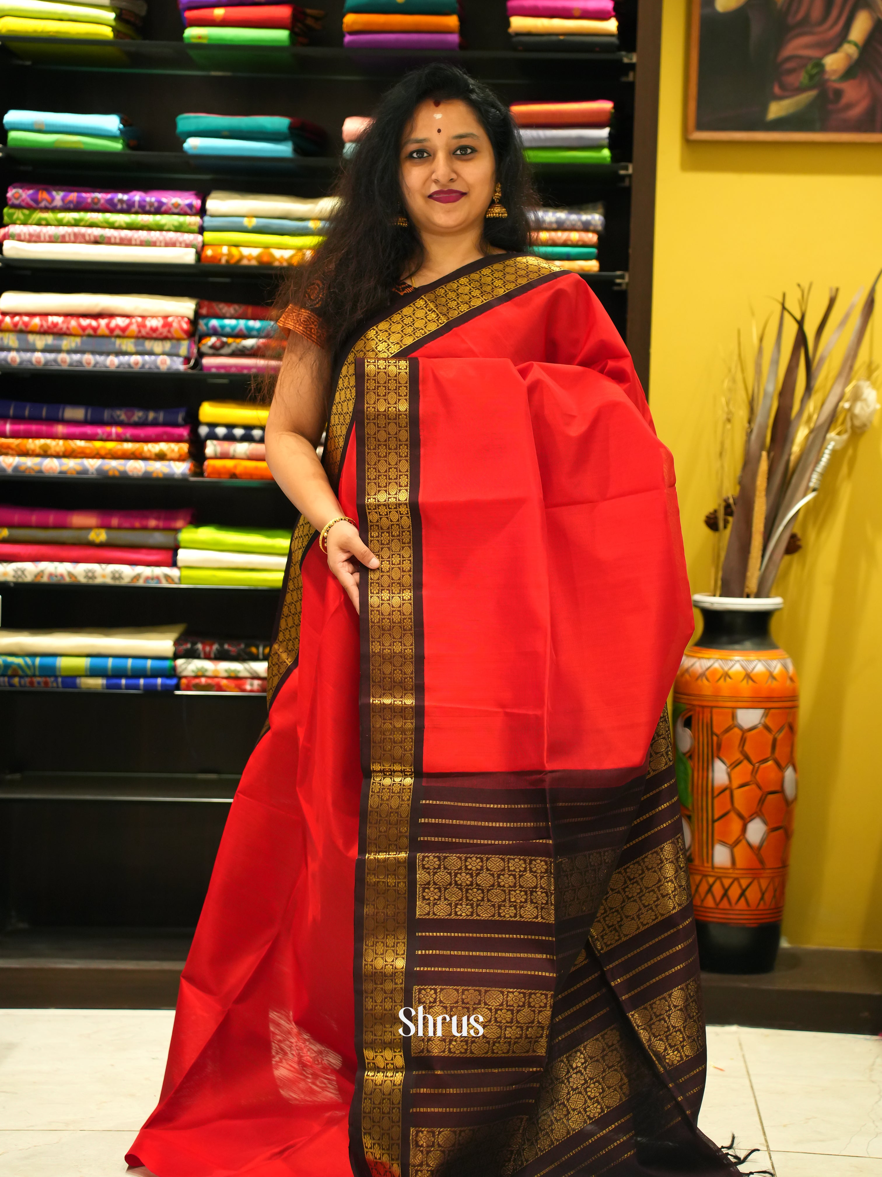 Red & Brown - Silk Cotton Saree - Shop on ShrusEternity.com