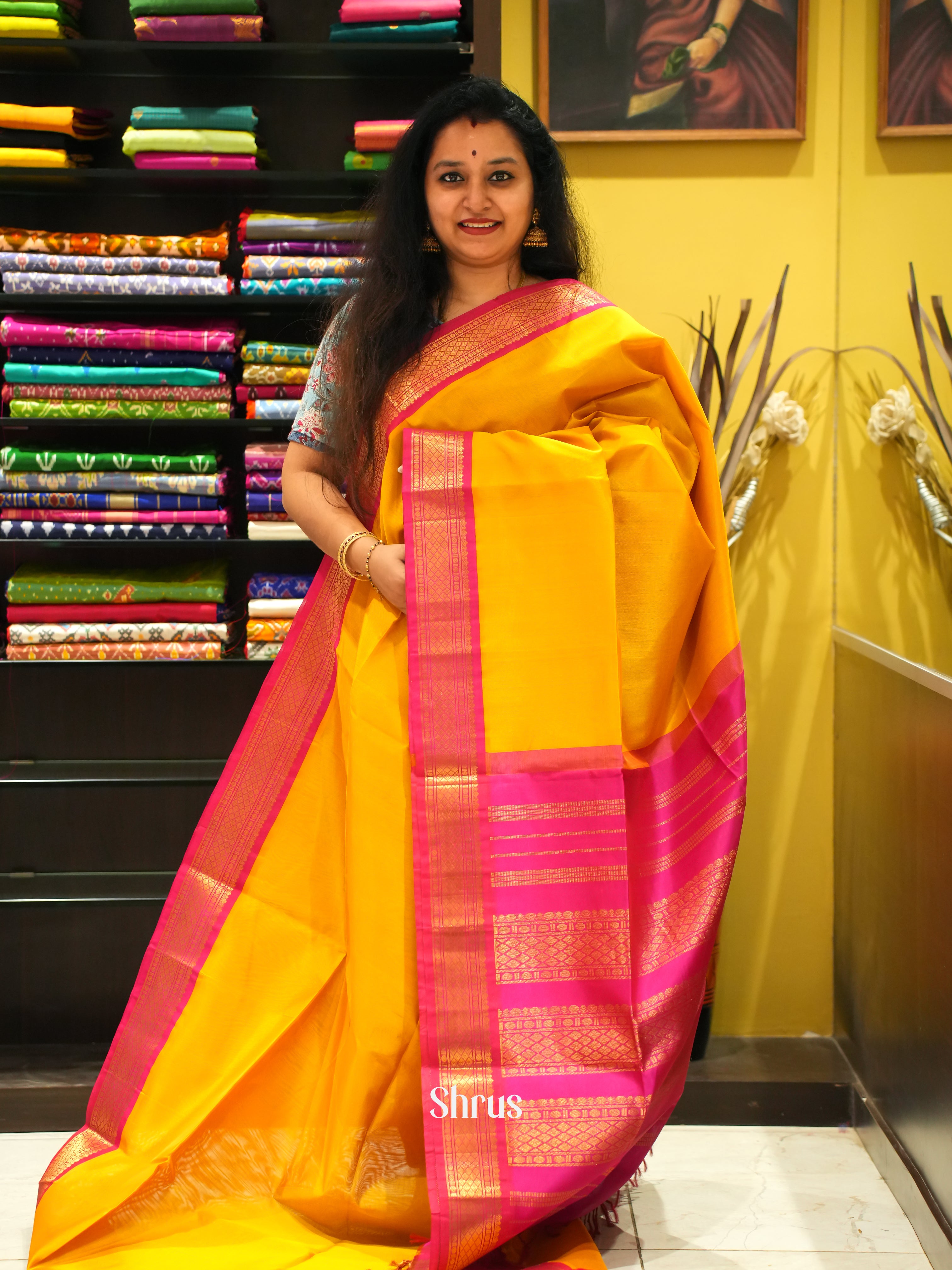 Yellow & Pink - Silk Cotton Saree - Shop on ShrusEternity.com