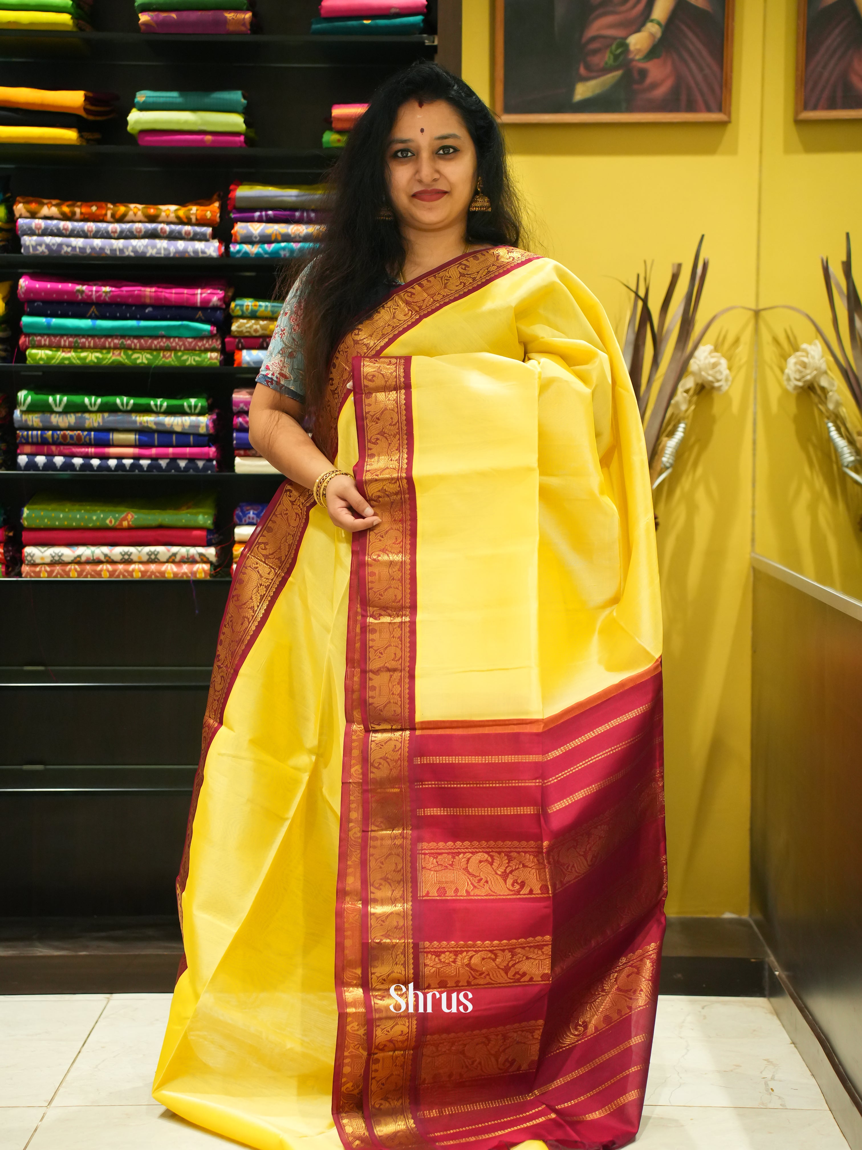 Lime Yellow & Maroon - Silk Cotton Saree - Shop on ShrusEternity.com