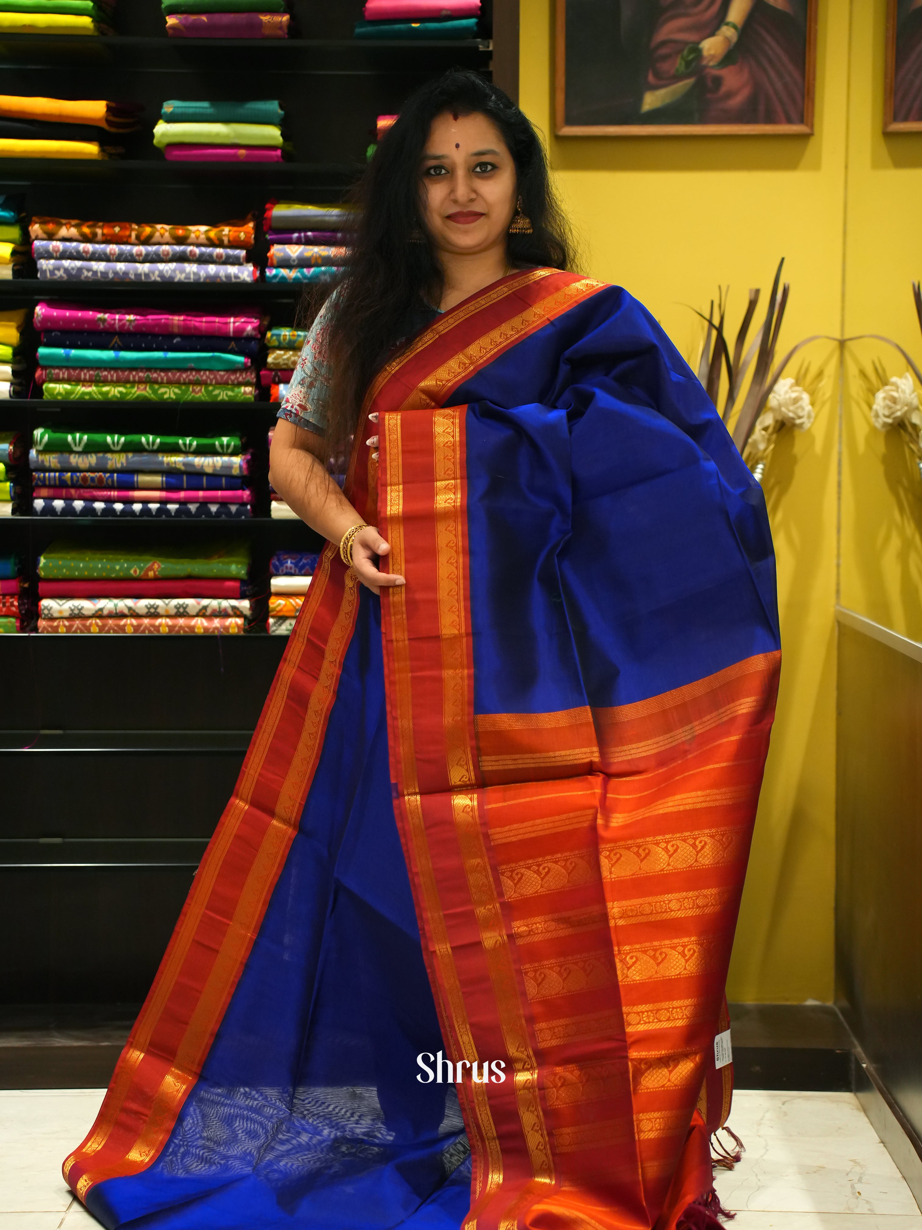 Blue & Red - Silk Cotton Saree - Shop on ShrusEternity.com