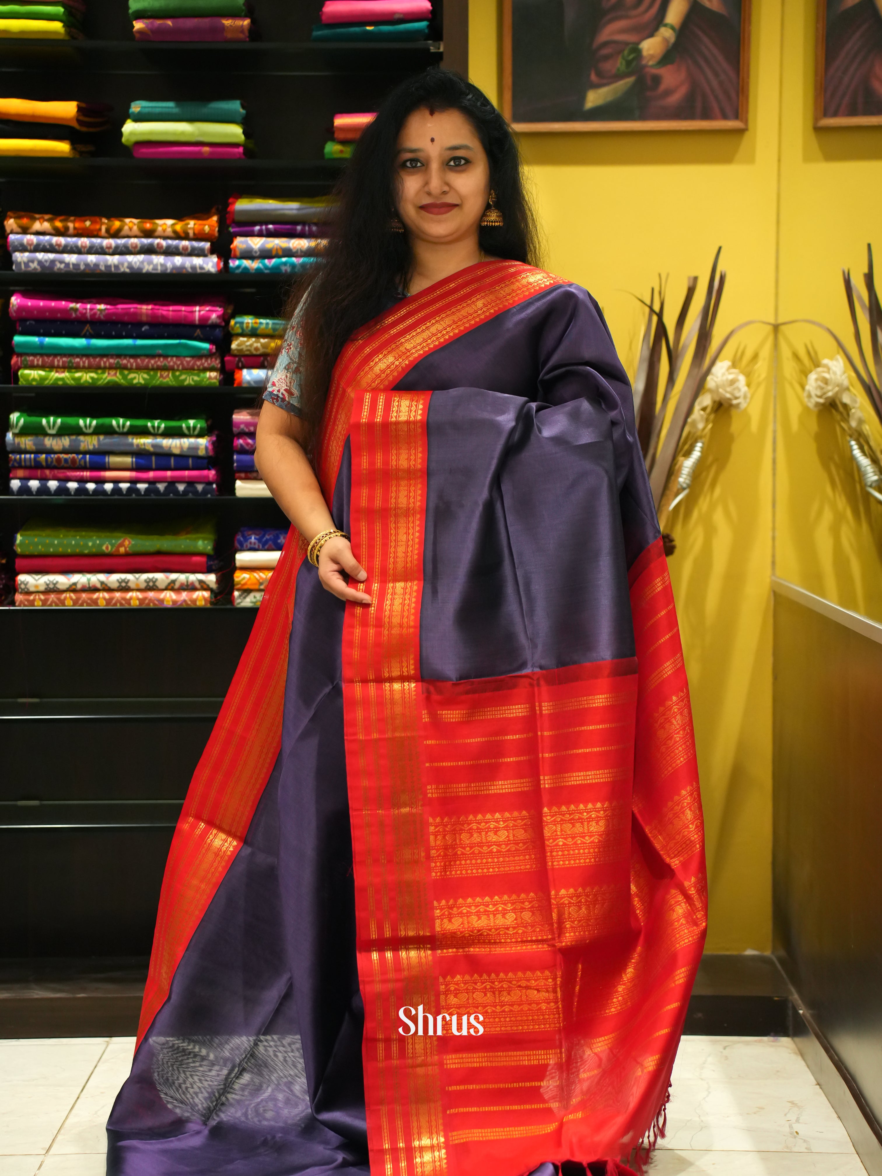 Navy Blue & Red- Silk Cotton Saree - Shop on ShrusEternity.com