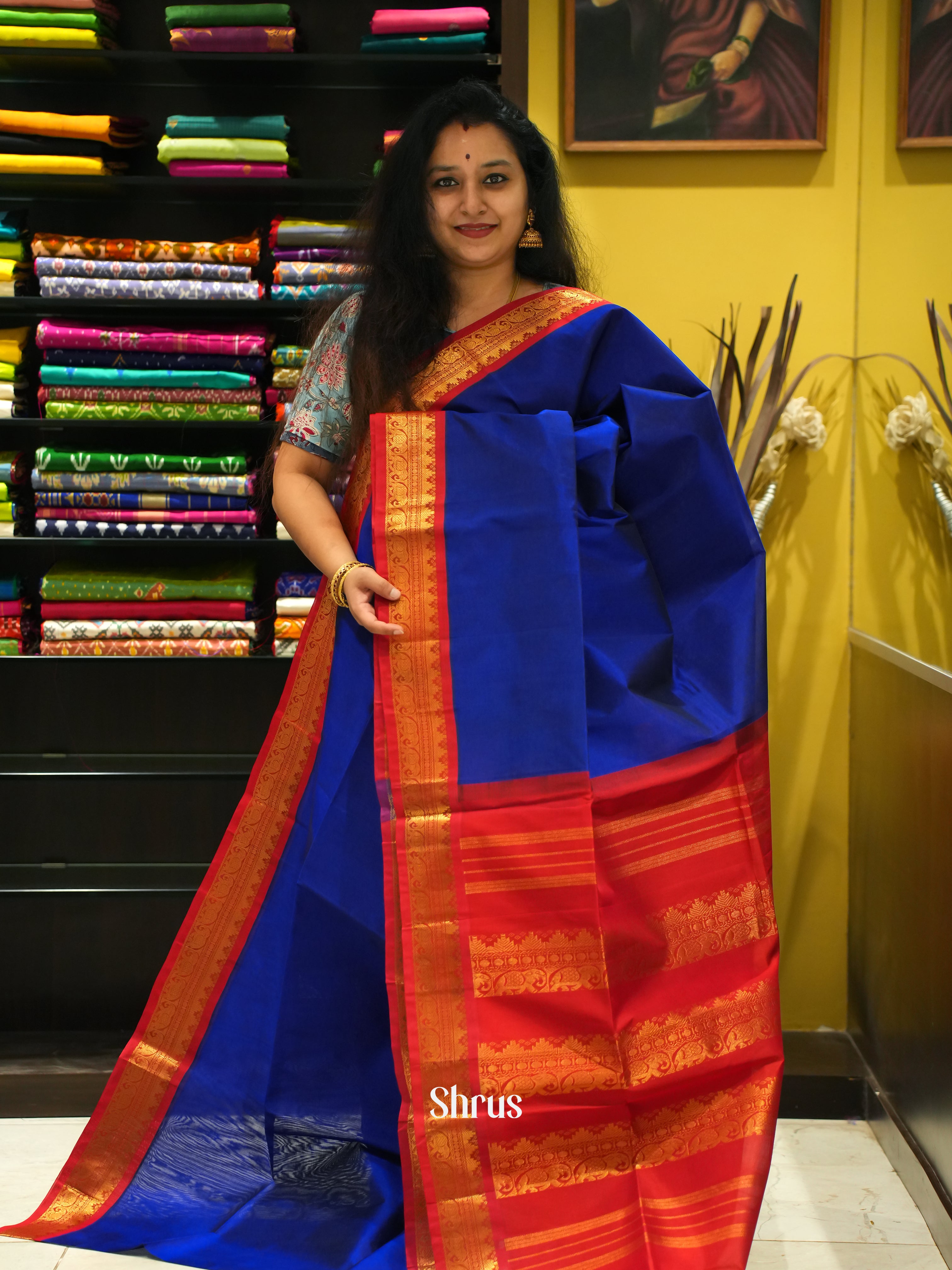 Blue & Red - Silk Cotton Saree - Shop on ShrusEternity.com