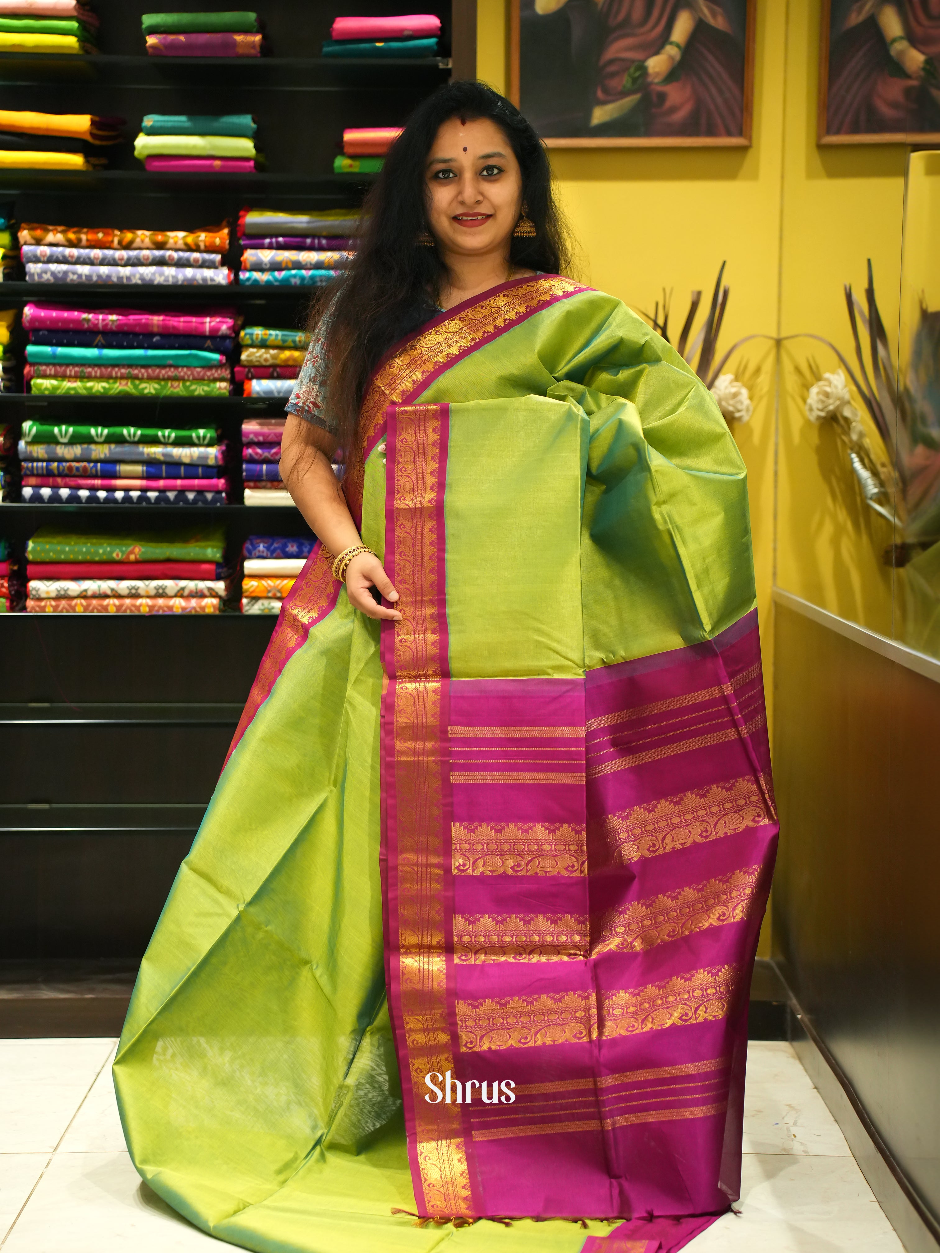 Green & Majenta - Silk Cotton Saree - Shop on ShrusEternity.com