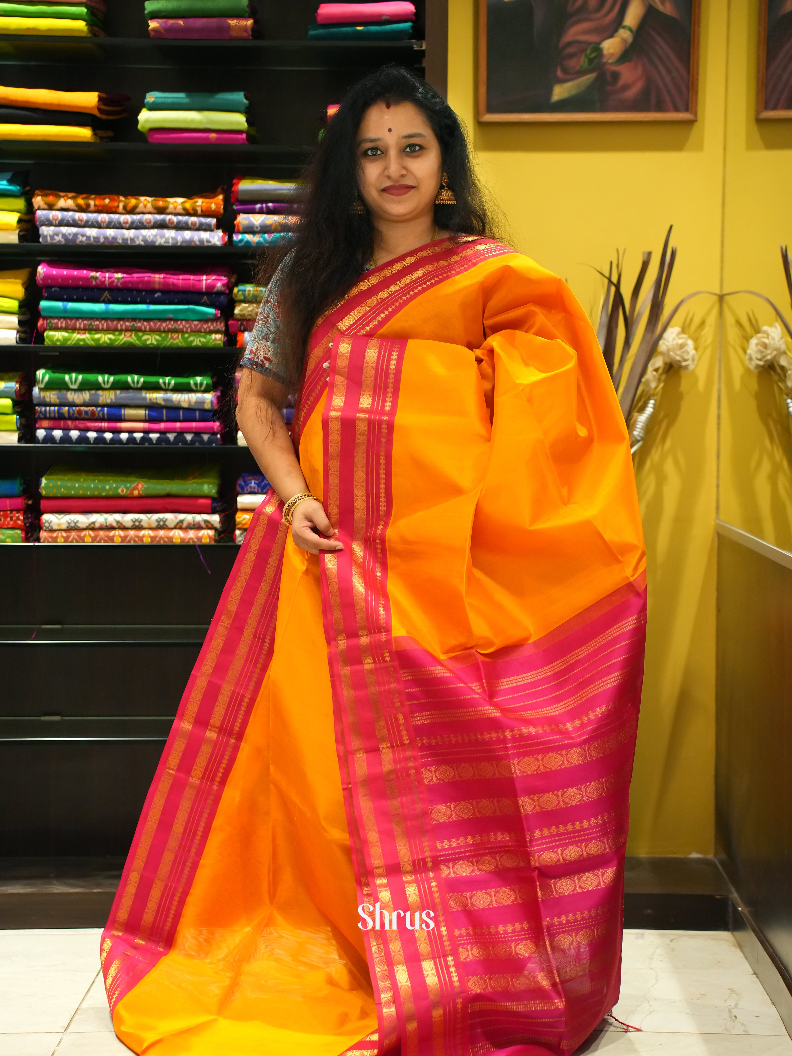 Yellow & Pink - Silk Cotton Saree - Shop on ShrusEternity.com