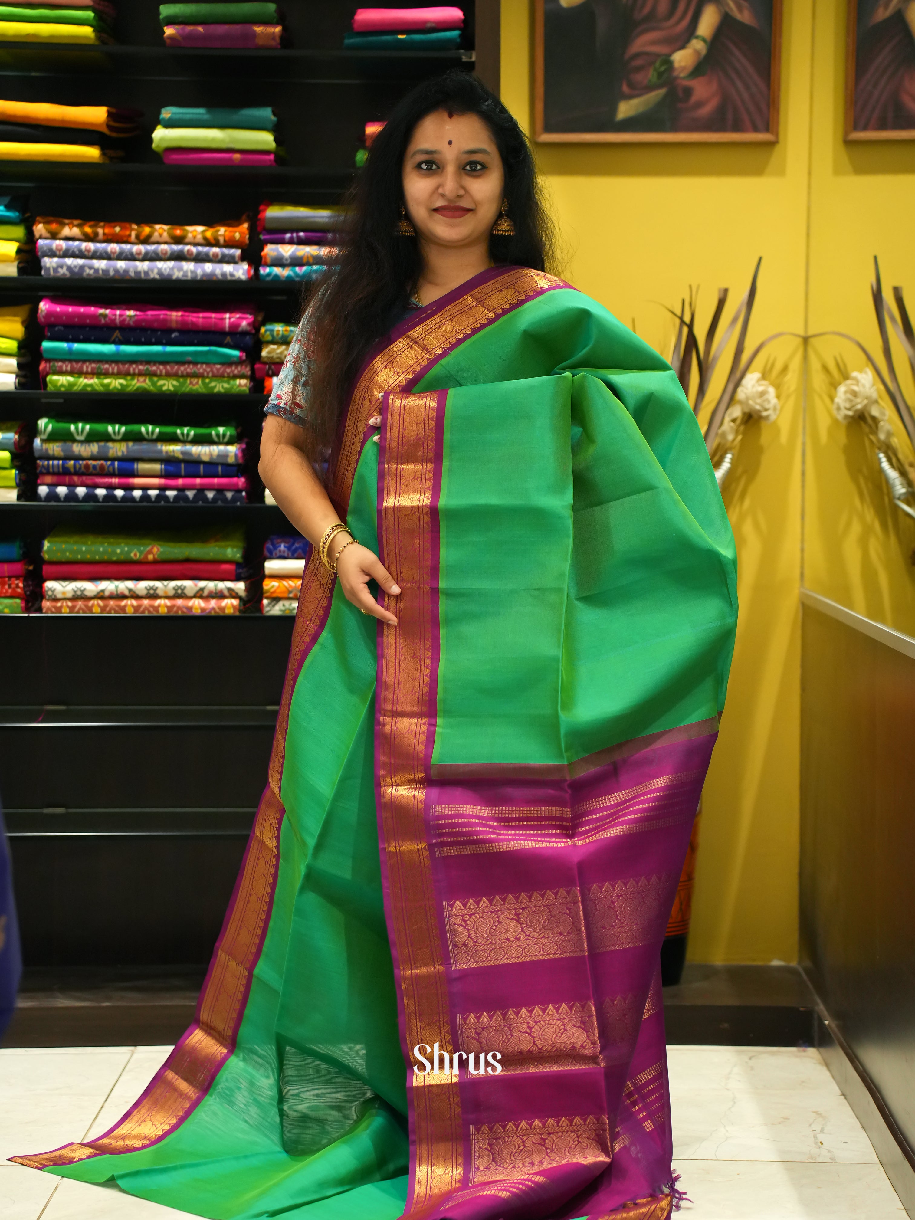 Green & Purple - Silk Cotton Saree - Shop on ShrusEternity.com