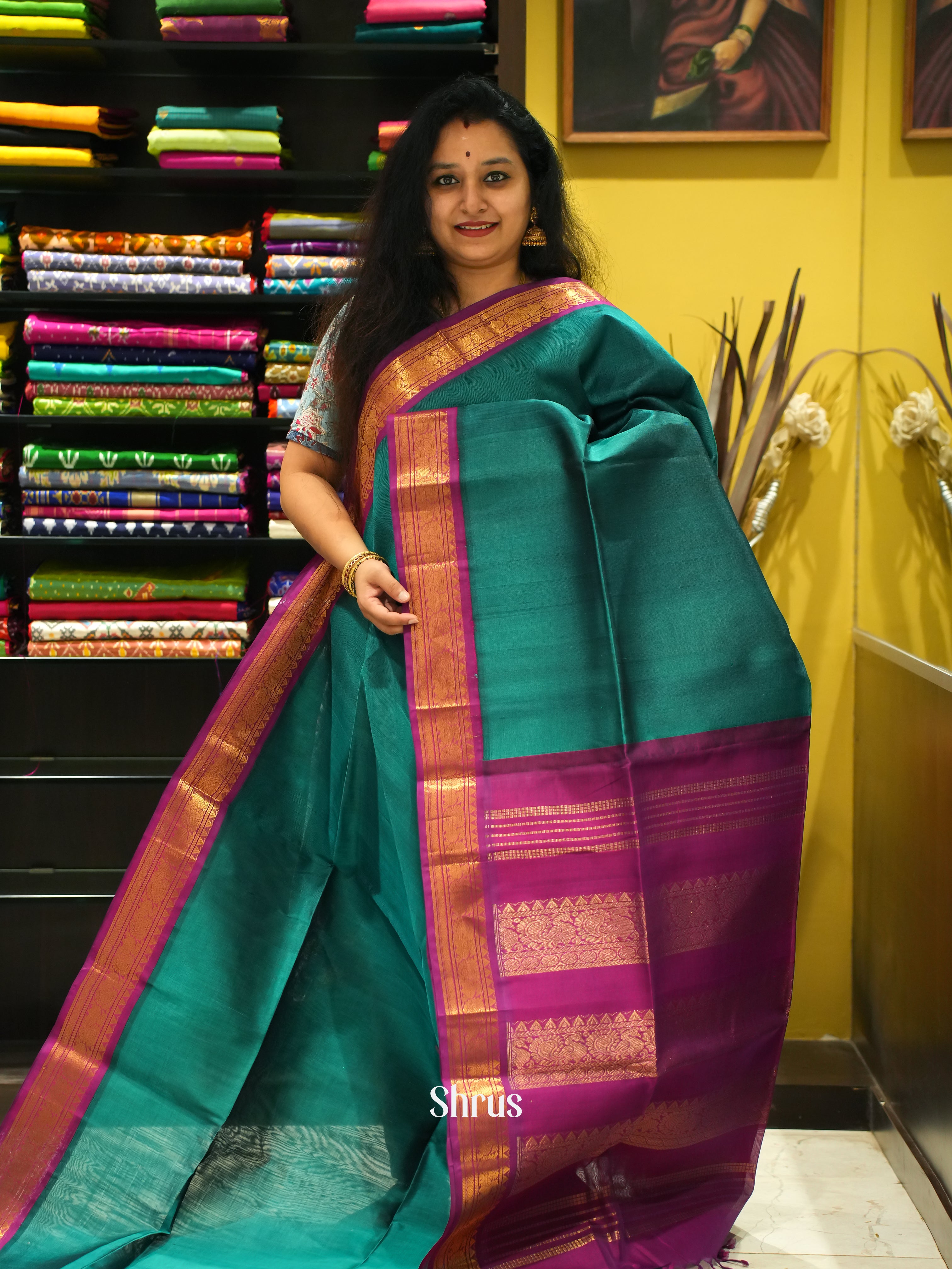 Peacock Green & Majenta - Silk Cotton Saree - Shop on ShrusEternity.com