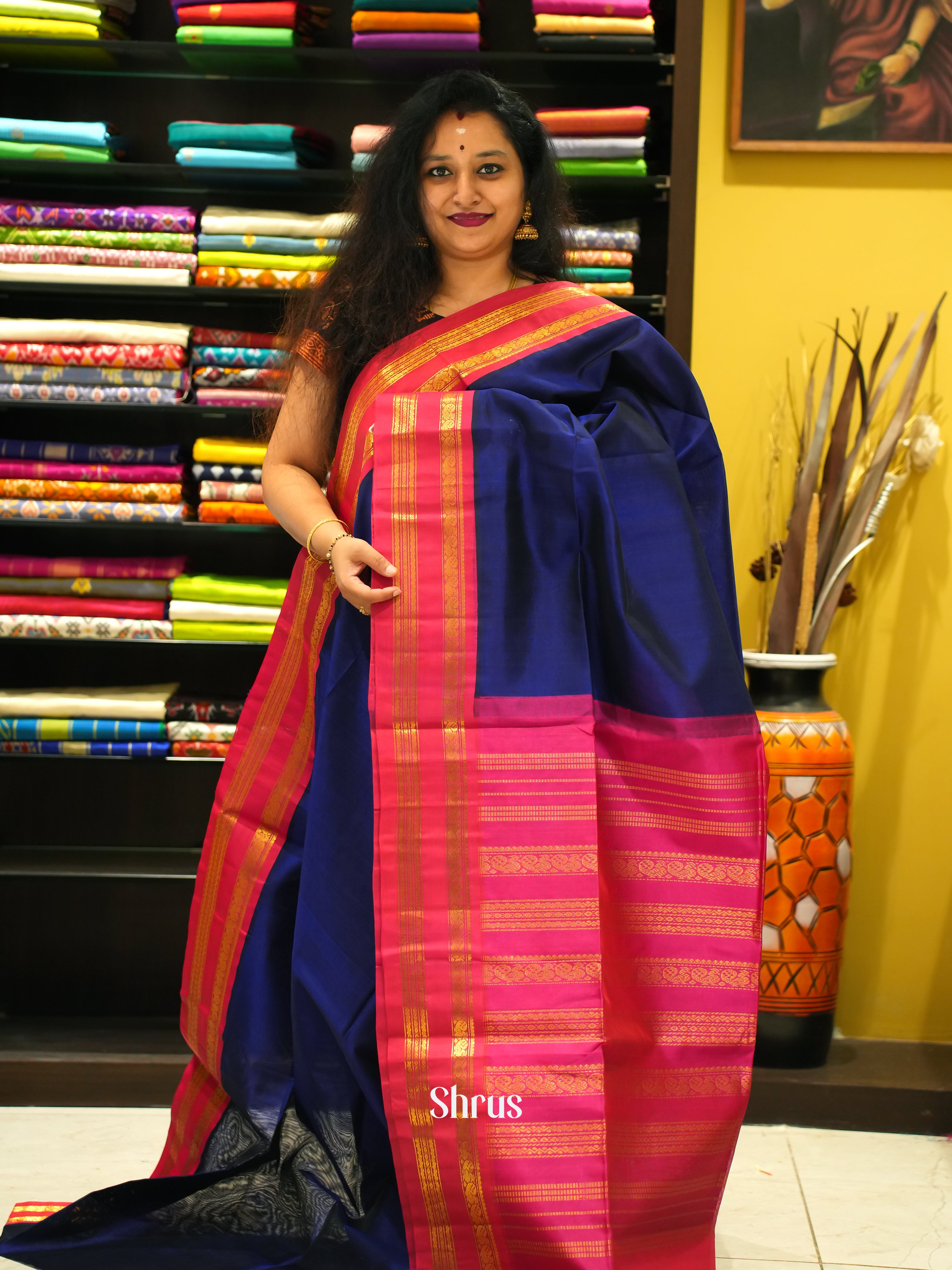 Blue & Pink - Silk Cotton Saree - Shop on ShrusEternity.com