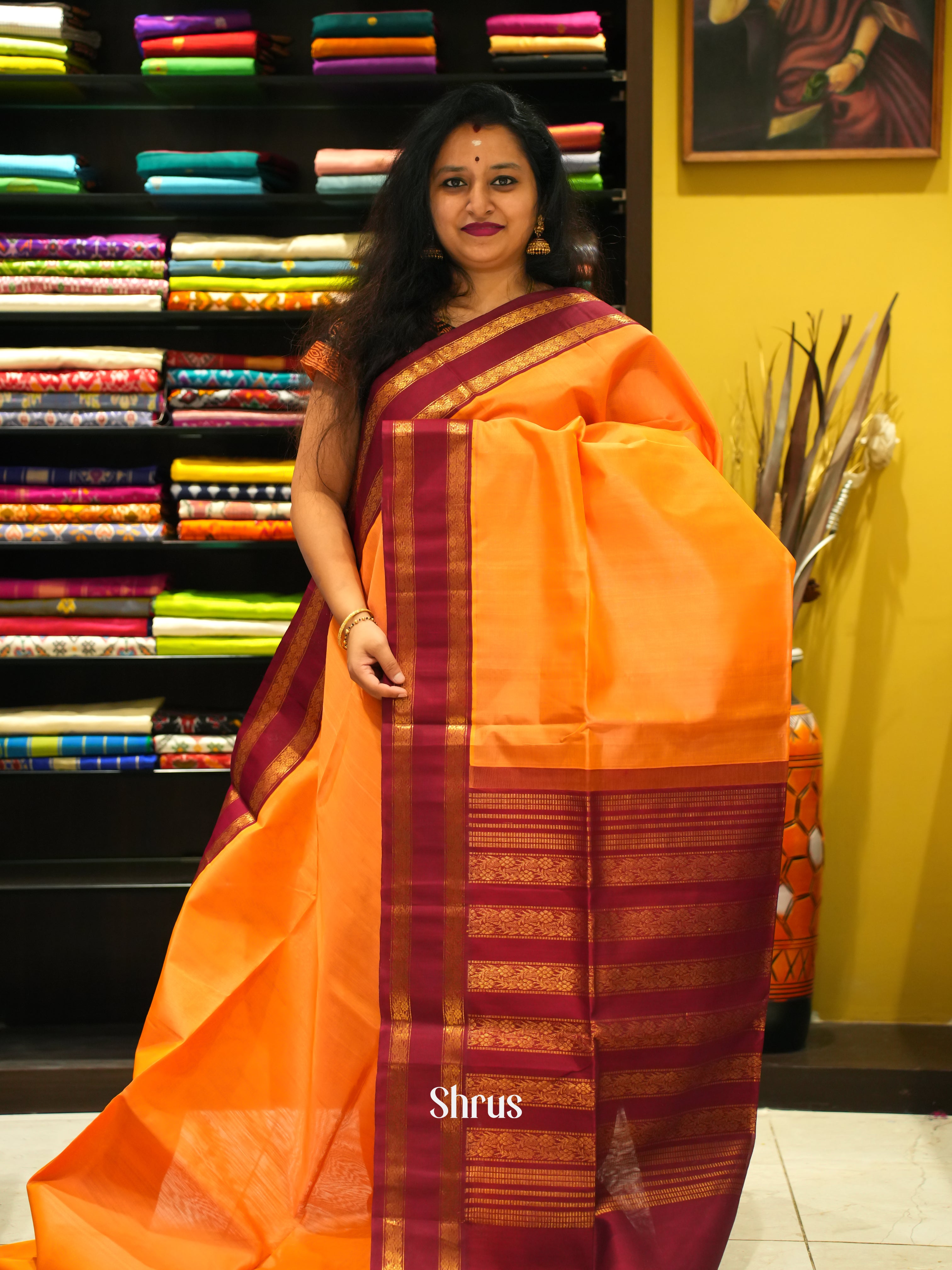 Yellow & Maroon - Silk Cotton Saree - Shop on ShrusEternity.com