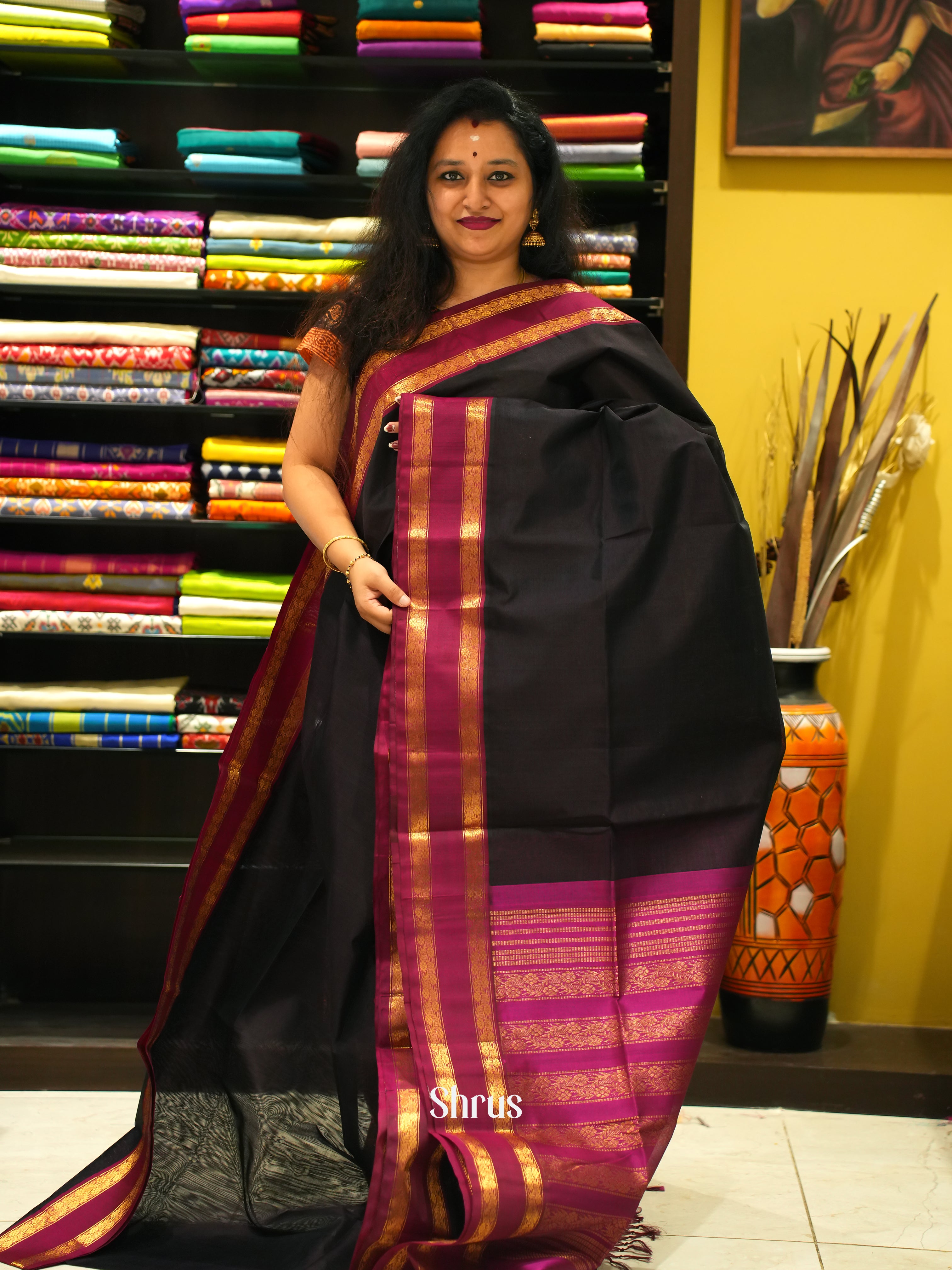 Black & Majenta -Silk Cotton Saree - Shop on ShrusEternity.com