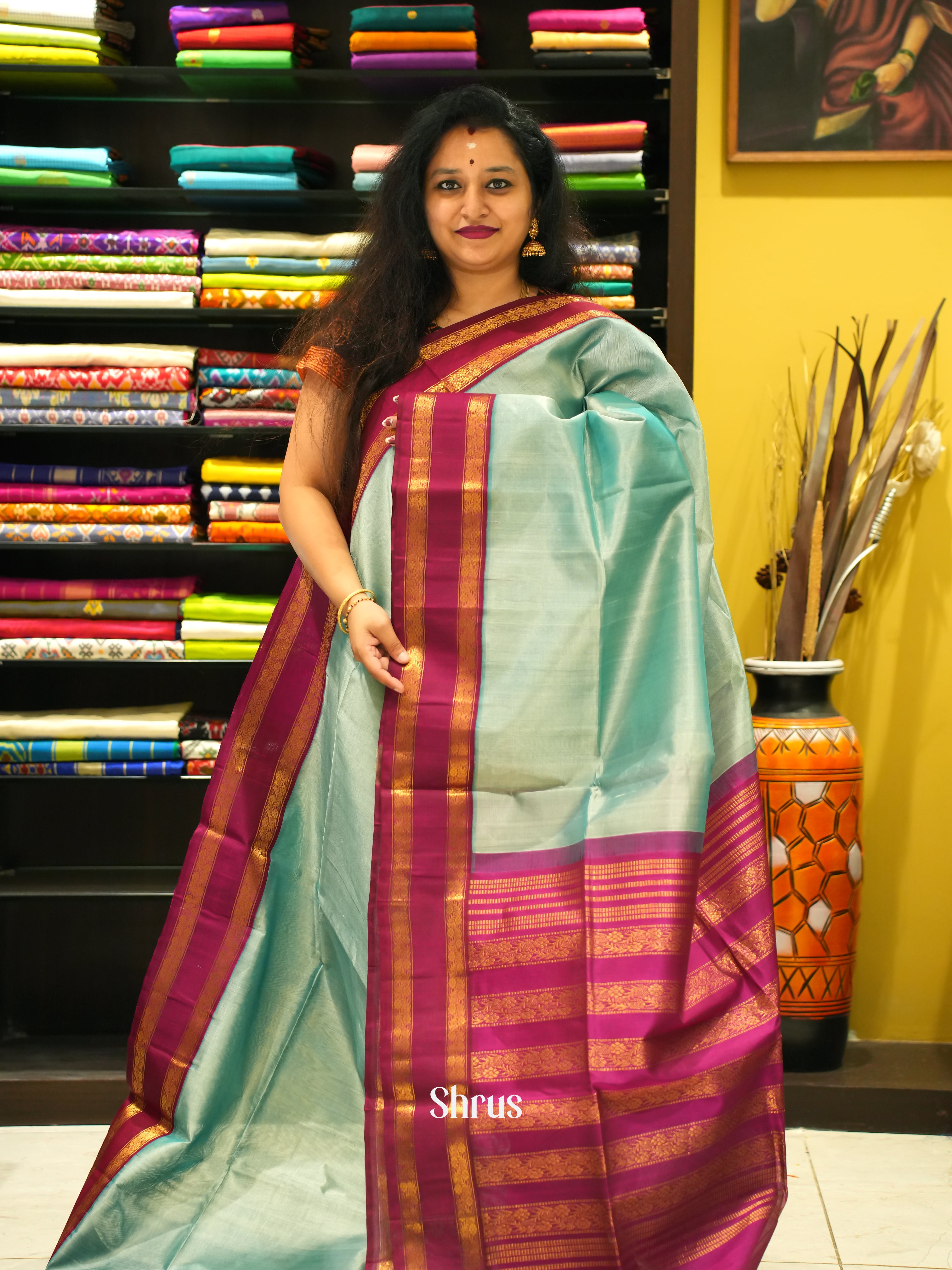 Blue & Majenta - Silk Cotton Saree - Shop on ShrusEternity.com