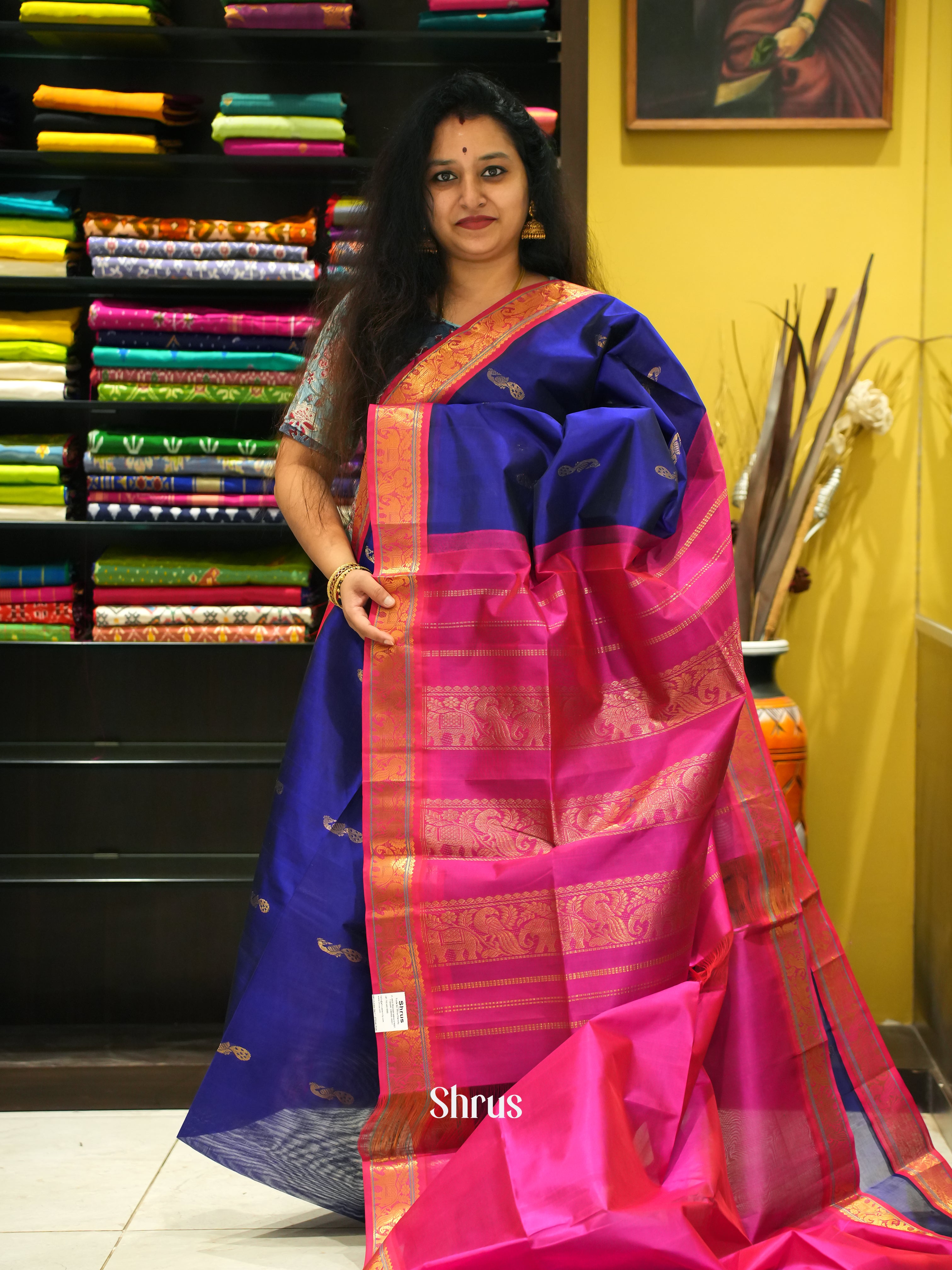 Blue & Pink - Silk Cotton Saree - Shop on ShrusEternity.com