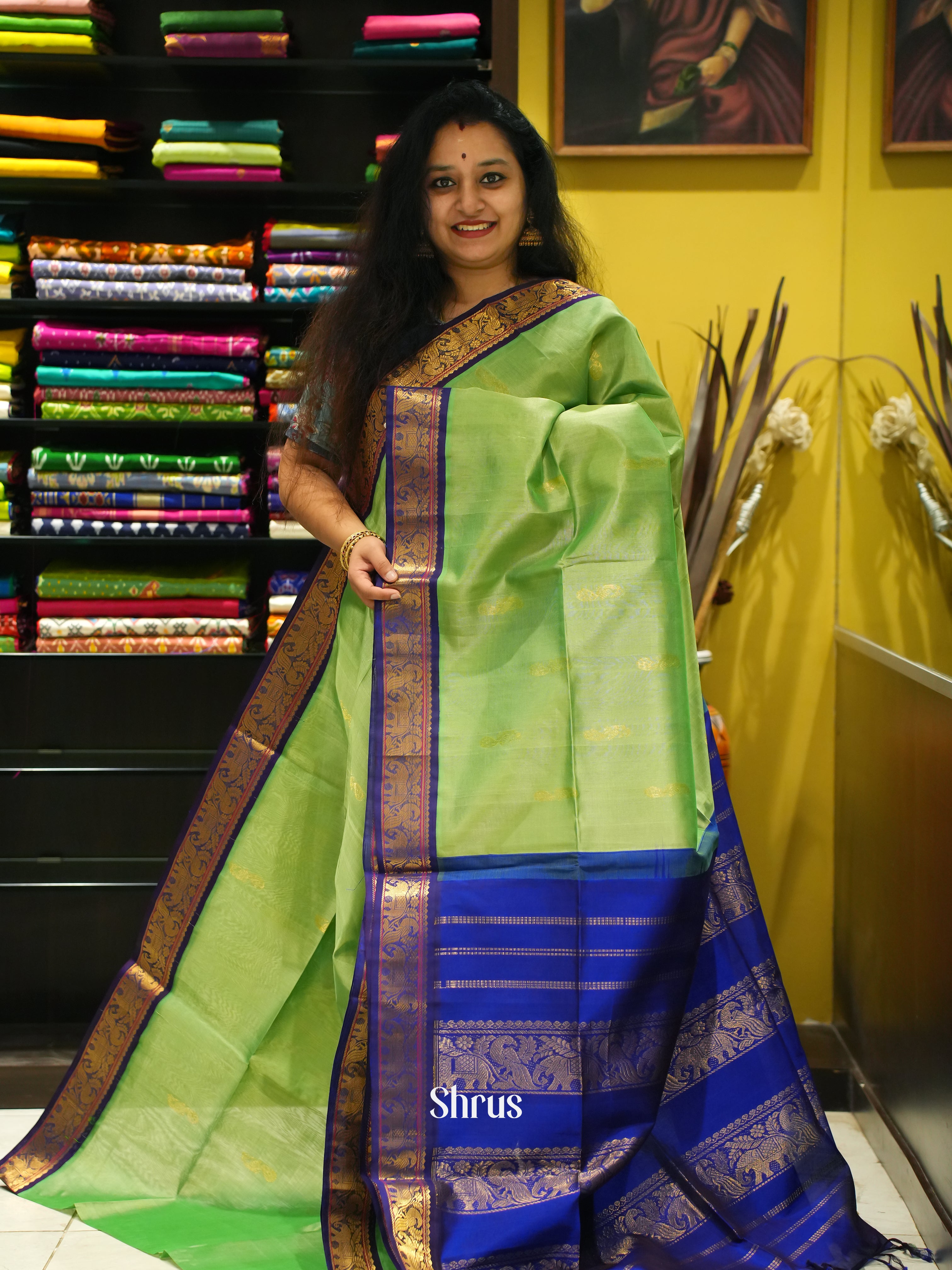 Green & Blue- Silk Cotton Saree - Shop on ShrusEternity.com