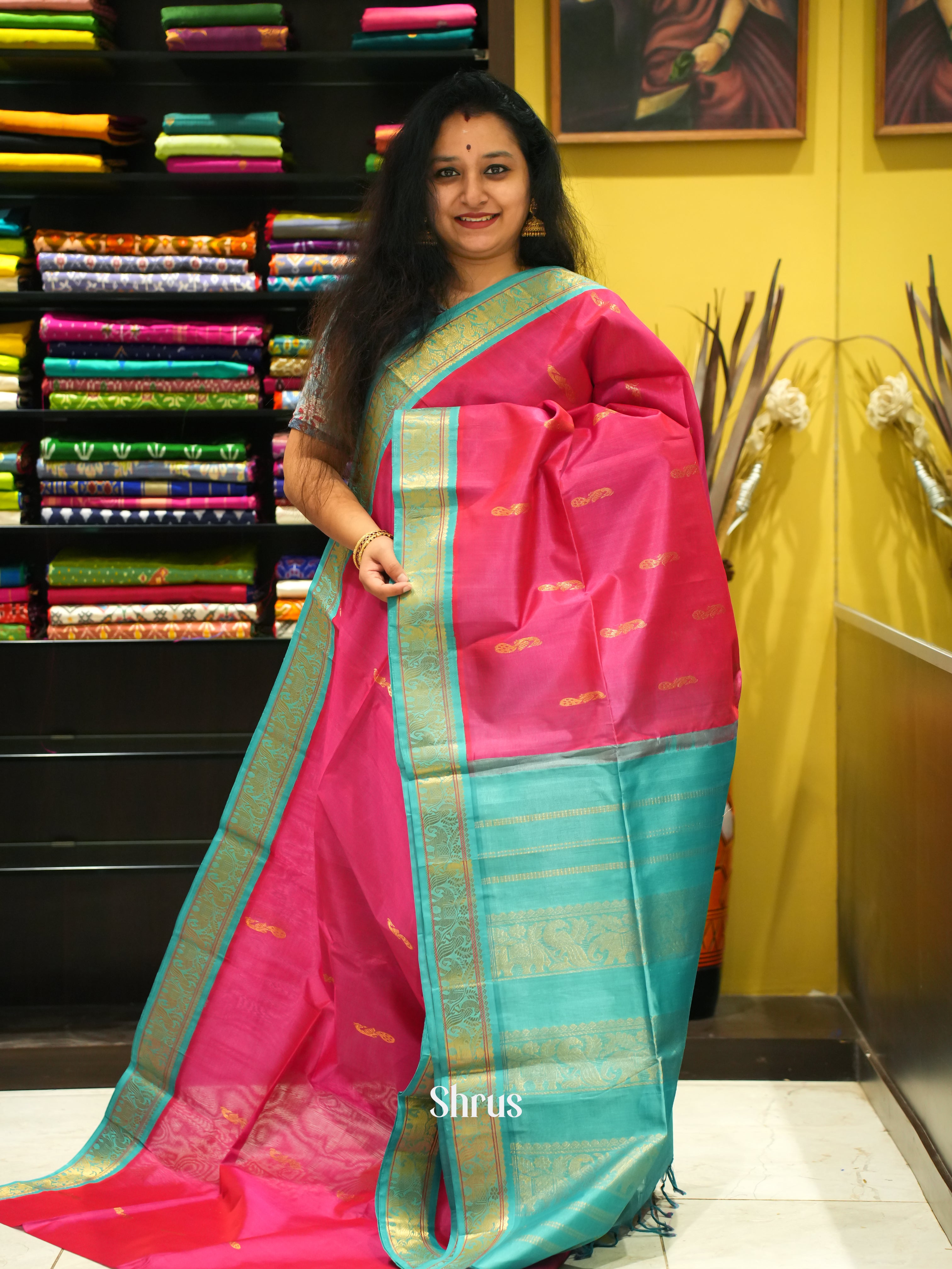 Pink & Blue - Silk Cotton Saree - Shop on ShrusEternity.com