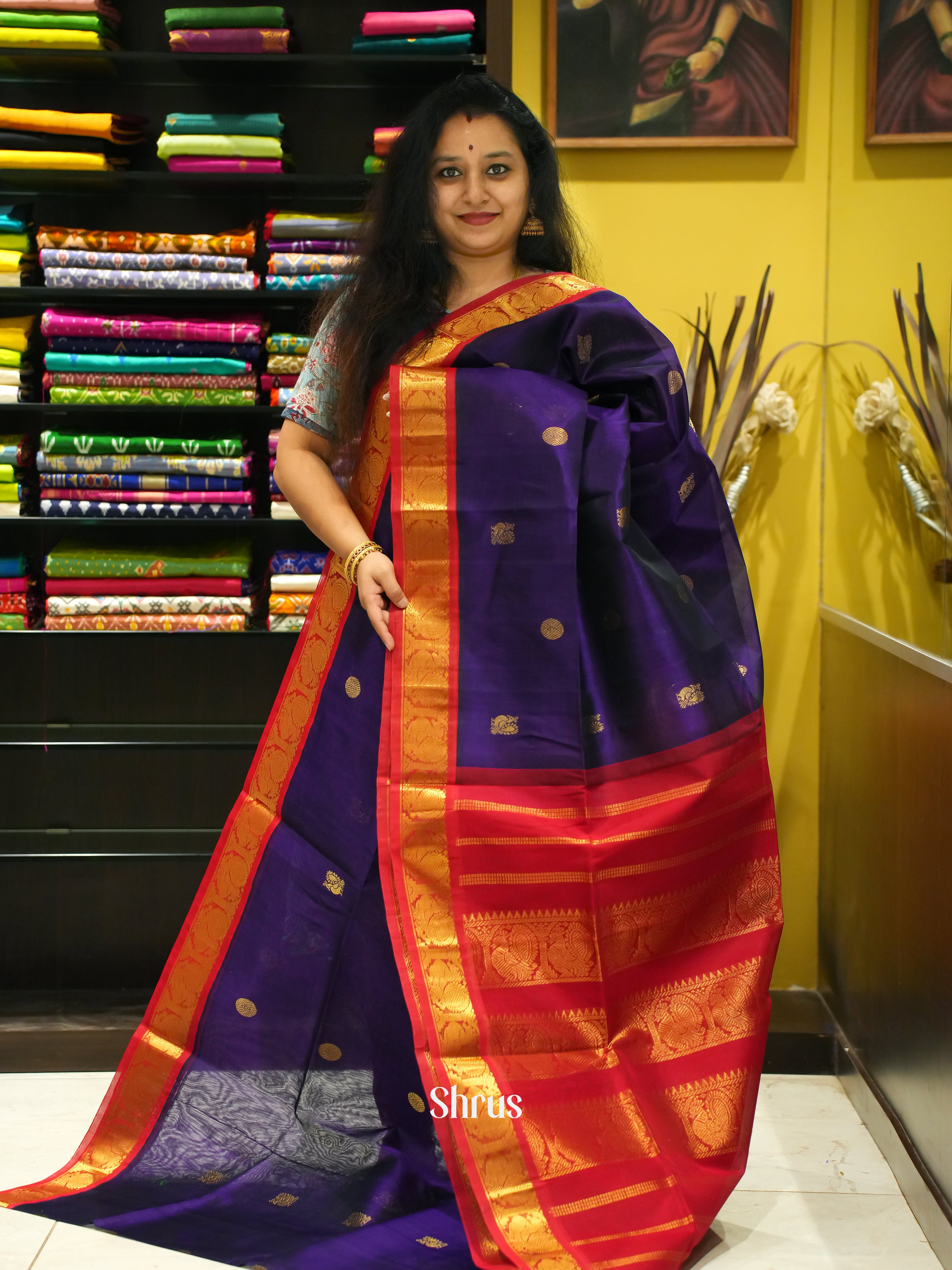 Blue & Red - Silk Cotton Saree - Shop on ShrusEternity.com