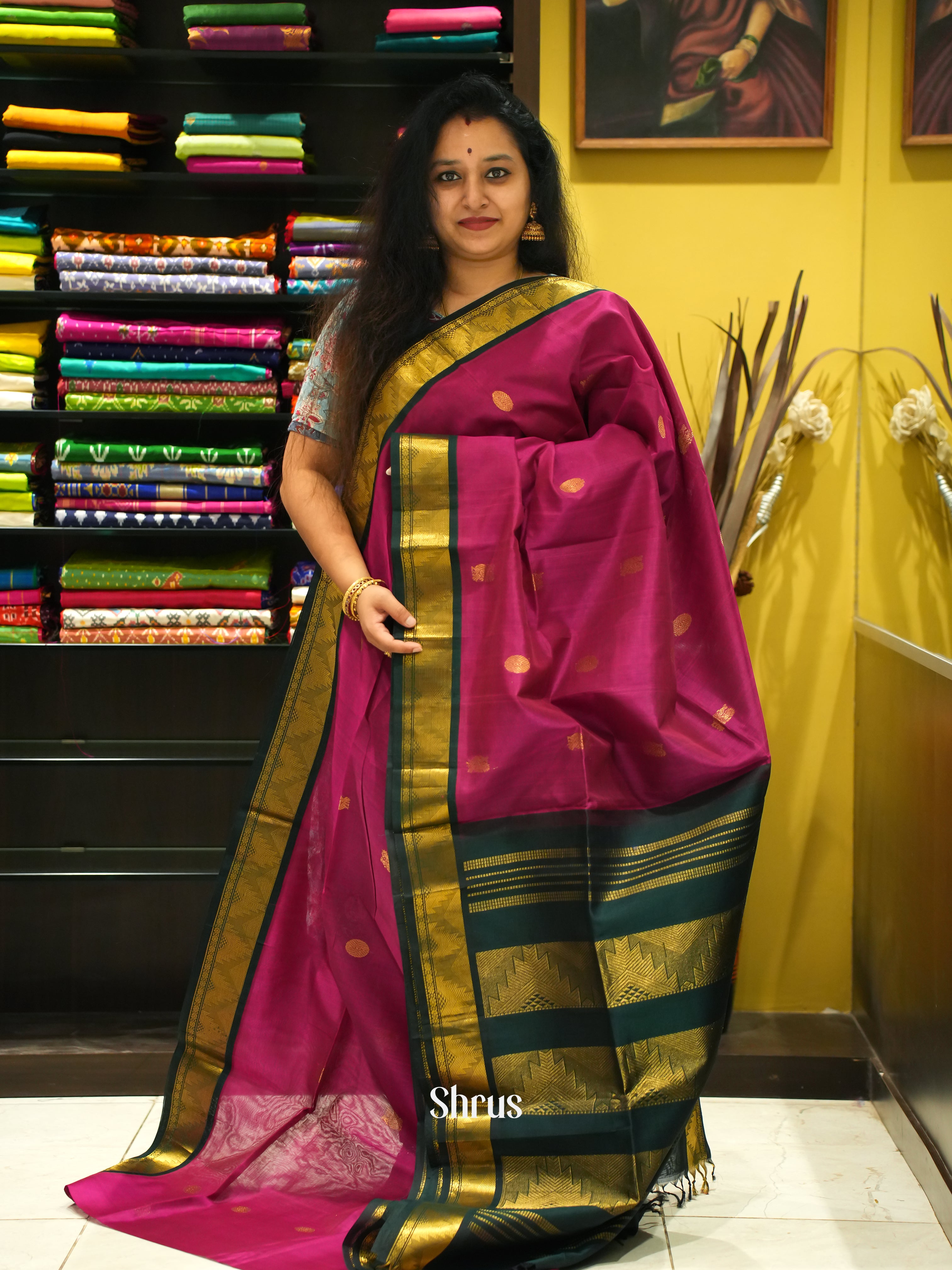 Purple & Green - Silk Cotton Saree - Shop on ShrusEternity.com