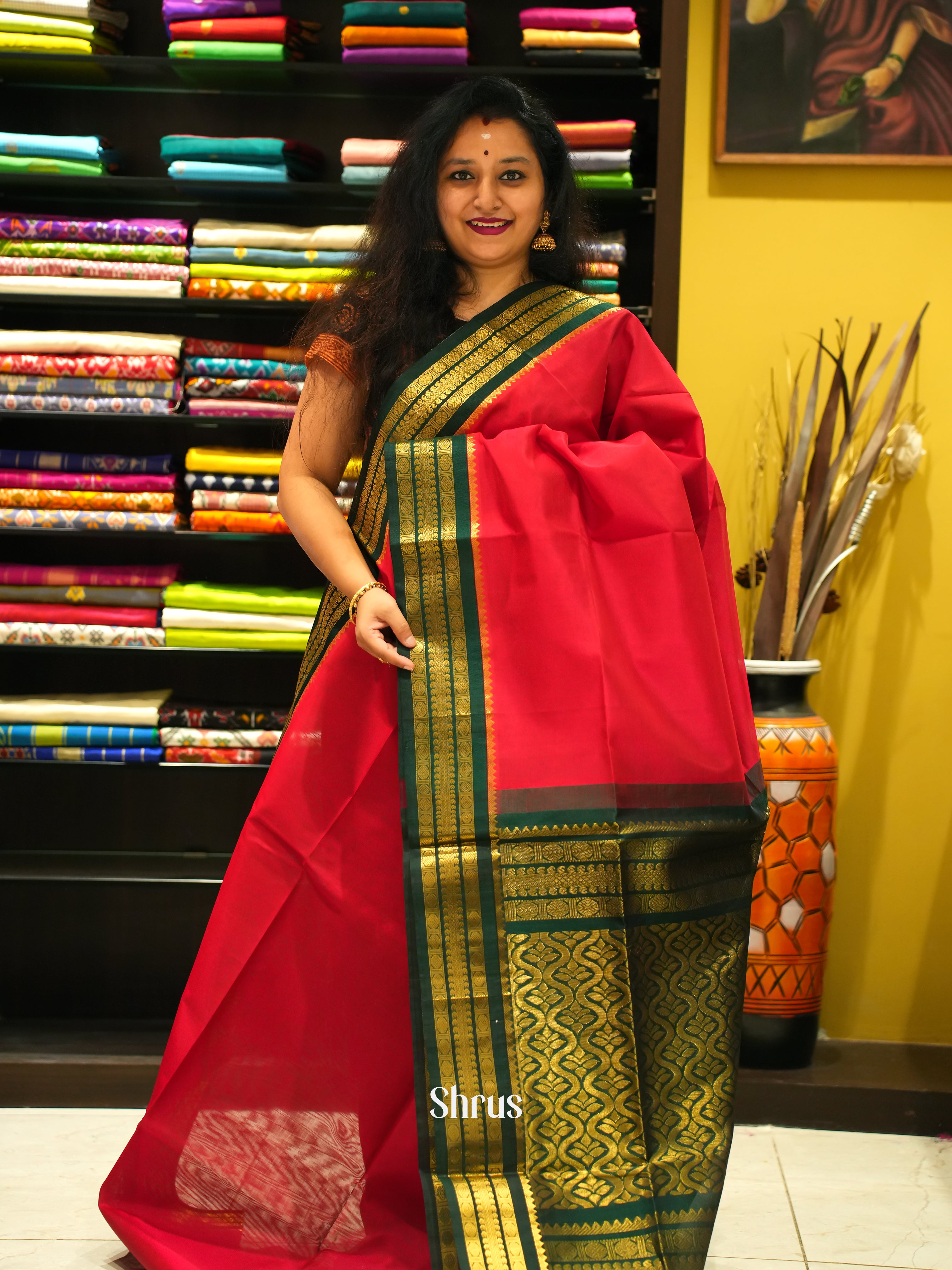 Red & Green - Silk Cotton Saree - Shop on ShrusEternity.com