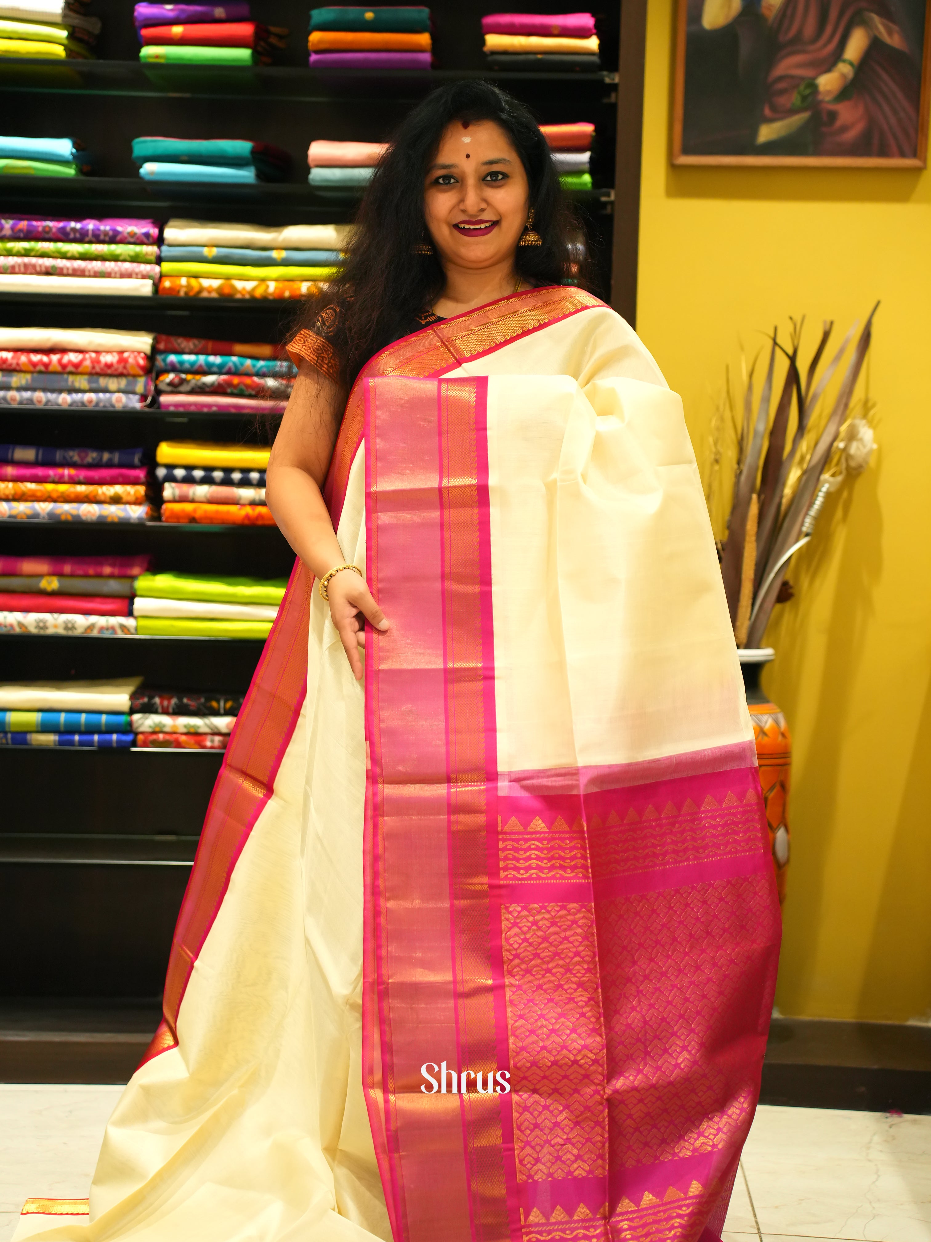 Cream & Pink - Silk Cotton Saree - Shop on ShrusEternity.com